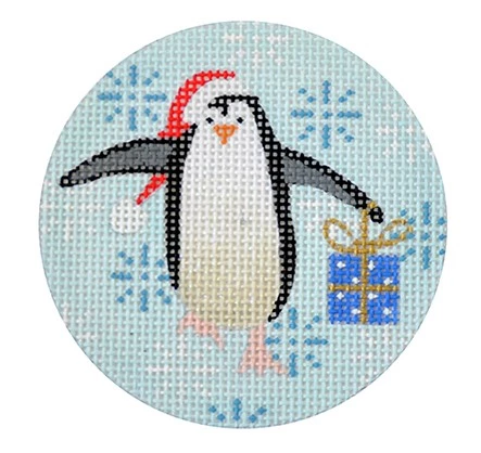 Penguin Christmas Round Blue Canvas - KC Needlepoint