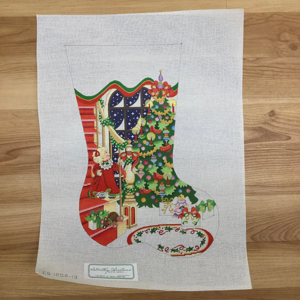 Staircase with Decorated Tree and Girl Stocking Canvas - KC Needlepoint