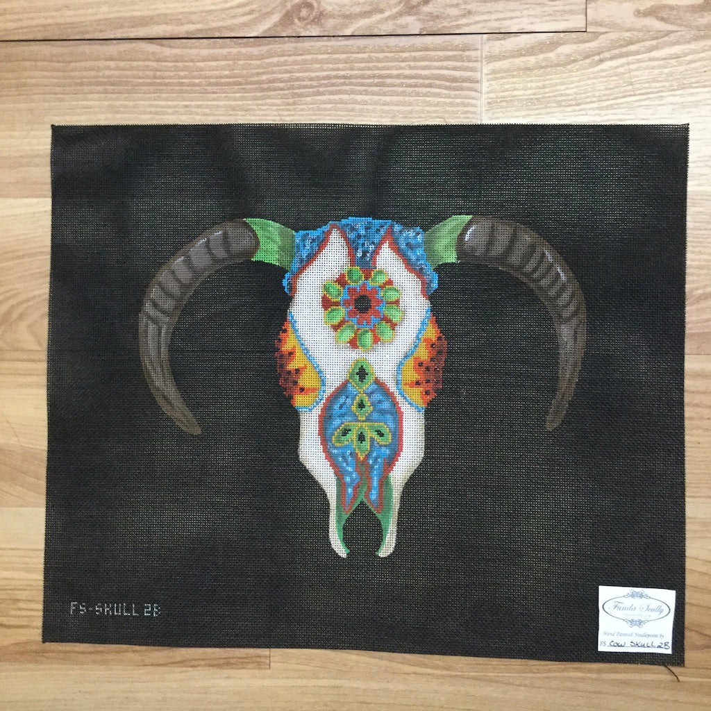 Cow Skull Canvas on Black - KC Needlepoint