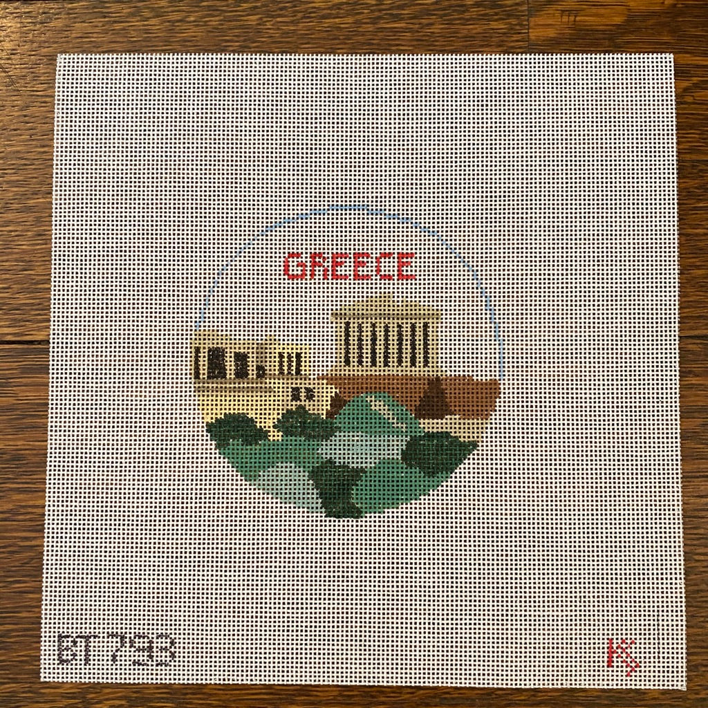 Greece Travel Round Canvas - needlepoint
