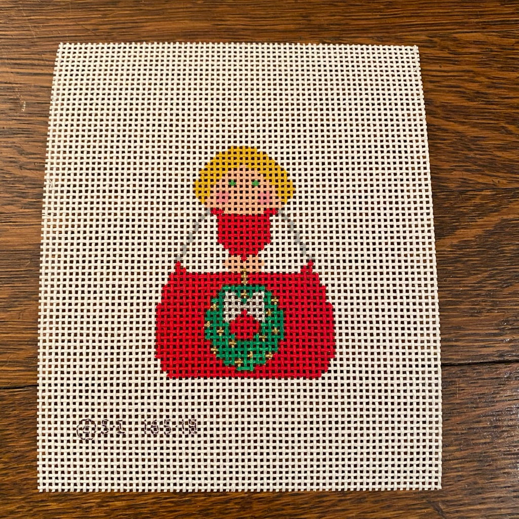 Red Angel with Green Wreath Canvas - needlepoint