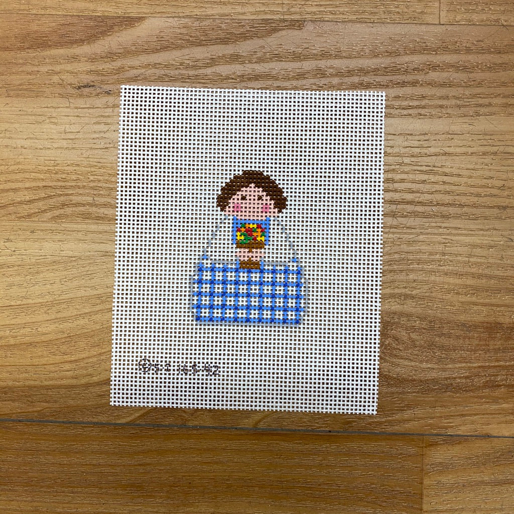 Blue Plaid with Flower Pot Angel Canvas - KC Needlepoint