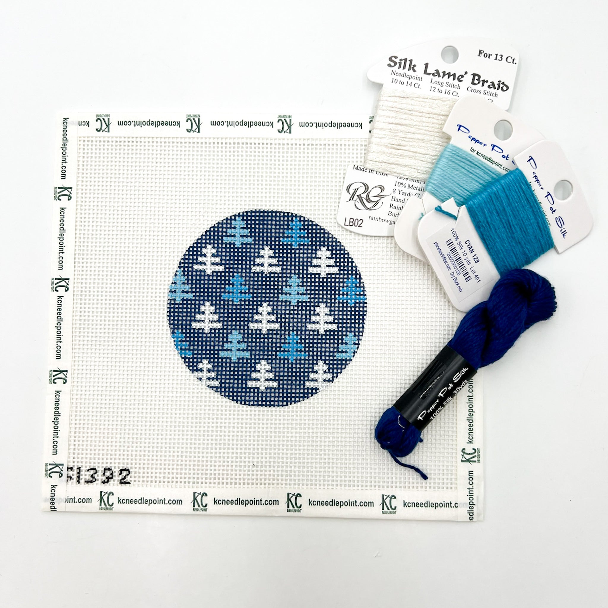 Blue and White Trees Kit - KC Needlepoint