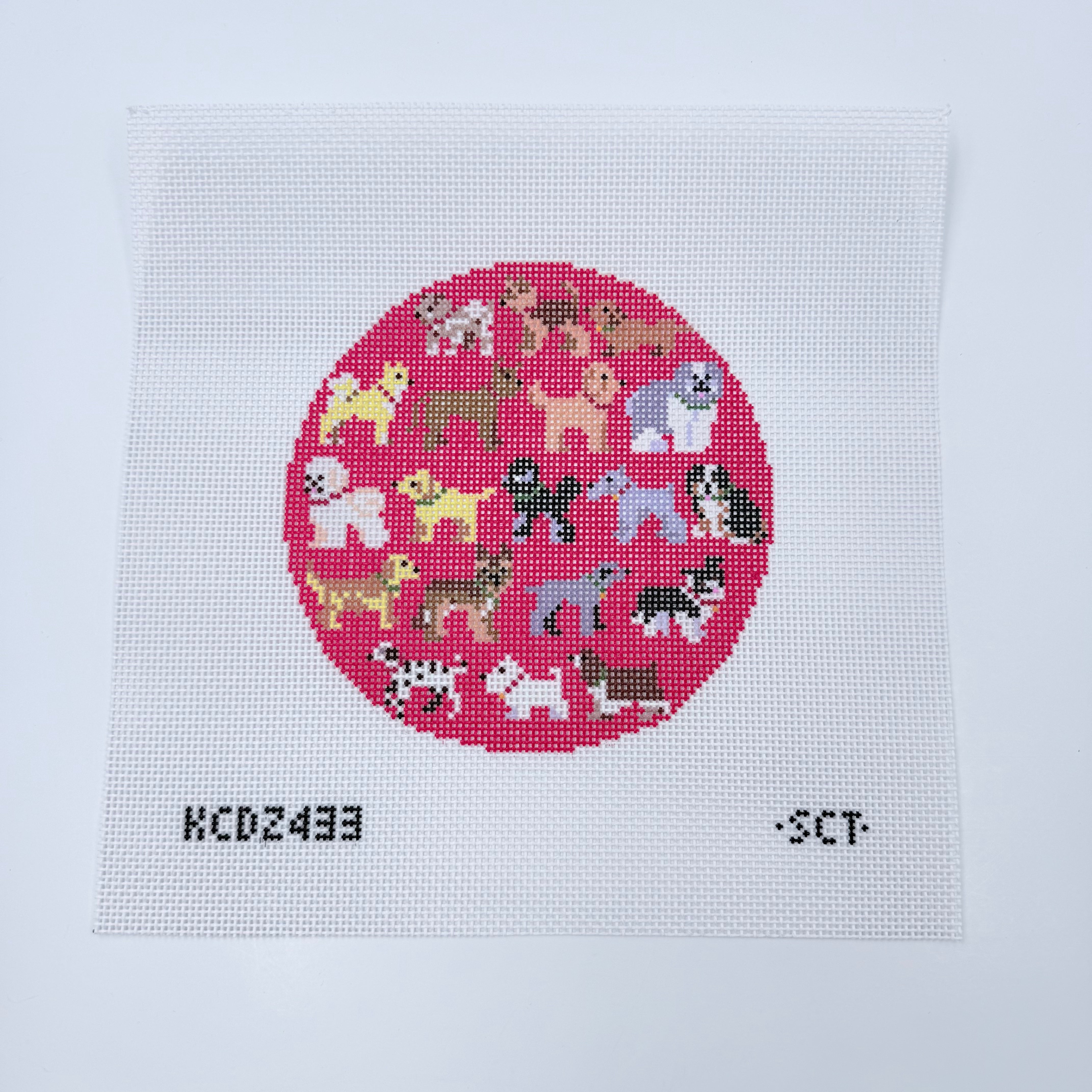 Red Dogs Round 13 mesh OOPS! Canvas - KC Needlepoint