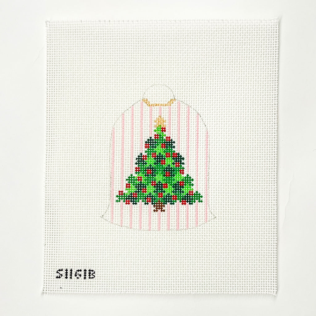 Christmas Tree on Pink Stripes Bell Needlepoint Canvas - KC Needlepoint