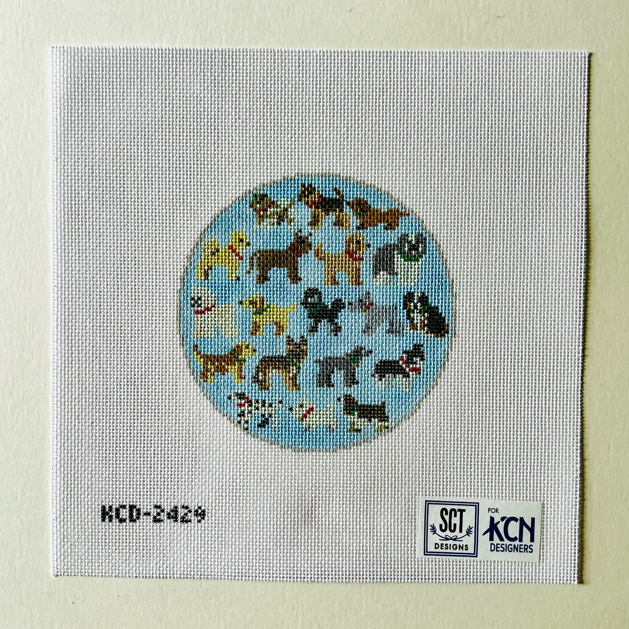 Blue Dogs Round Canvas - KC Needlepoint