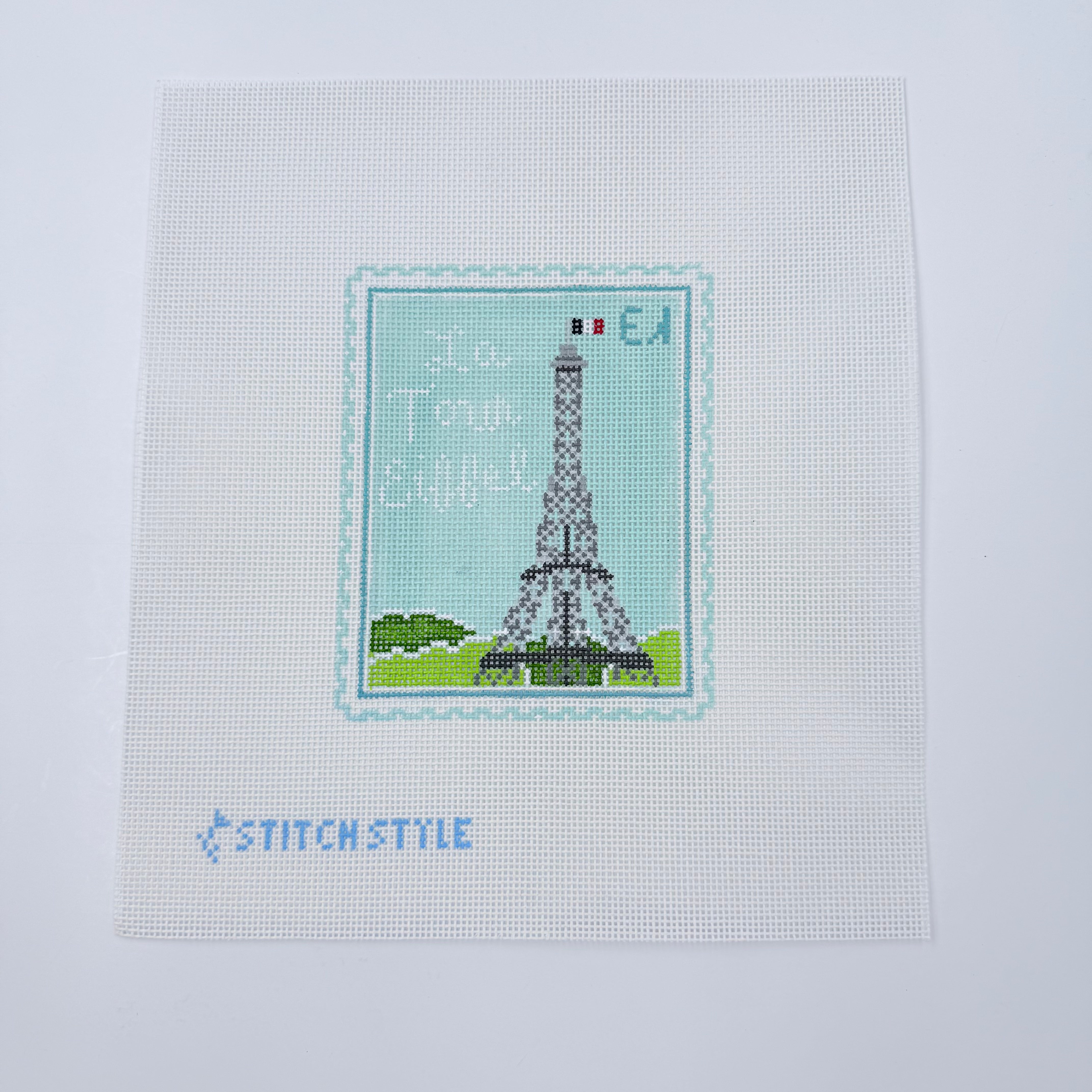 Paris Eiffel Tower Stamp Needlepoint Canvas - KC Needlepoint