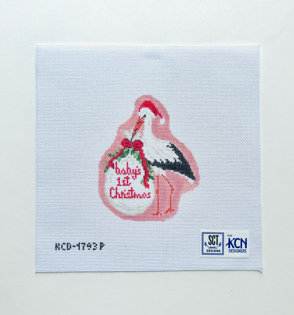 Baby's First Christmas Pink Stork Canvas - KC Needlepoint
