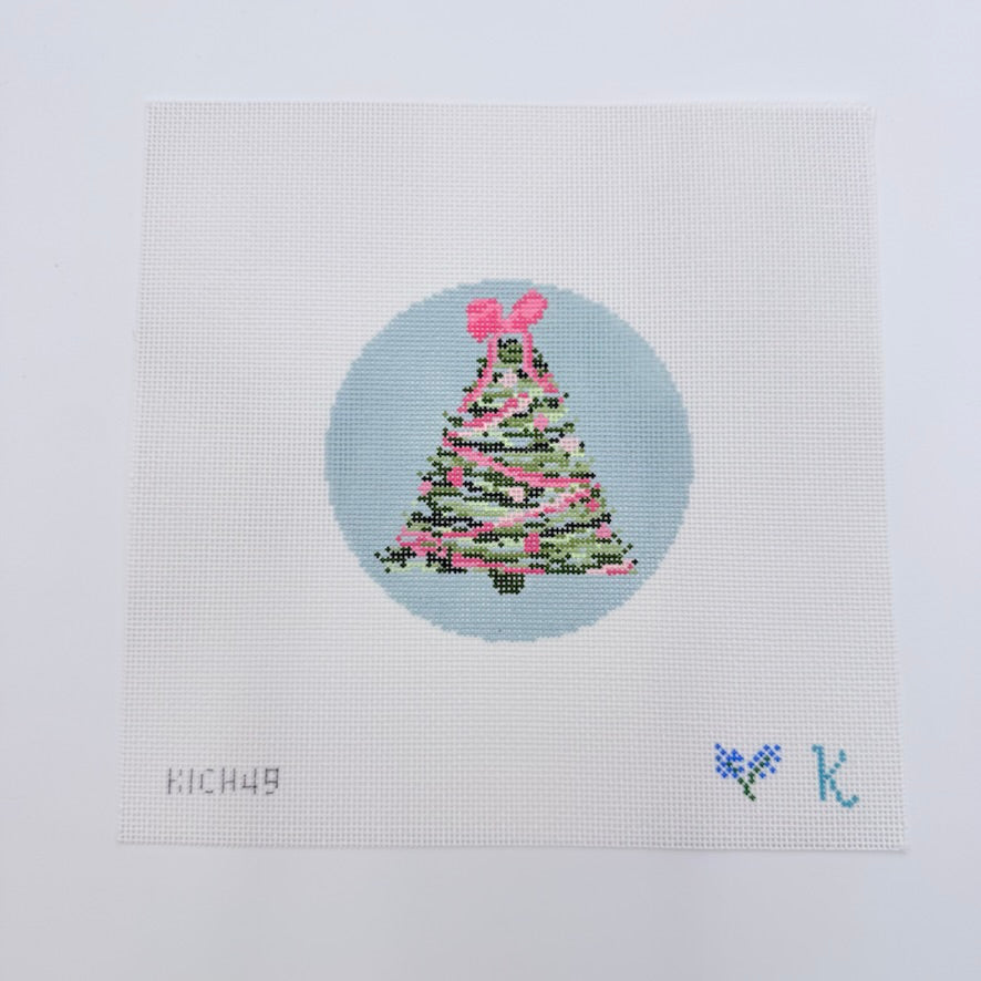 Pink Bow Tree on Blue Canvas - KC Needlepoint