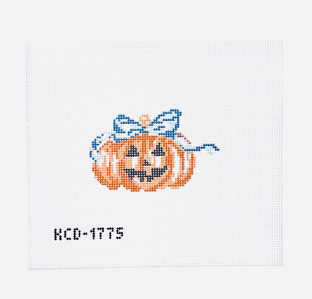 Pumpkin with Blue Bow Canvas - KC Needlepoint