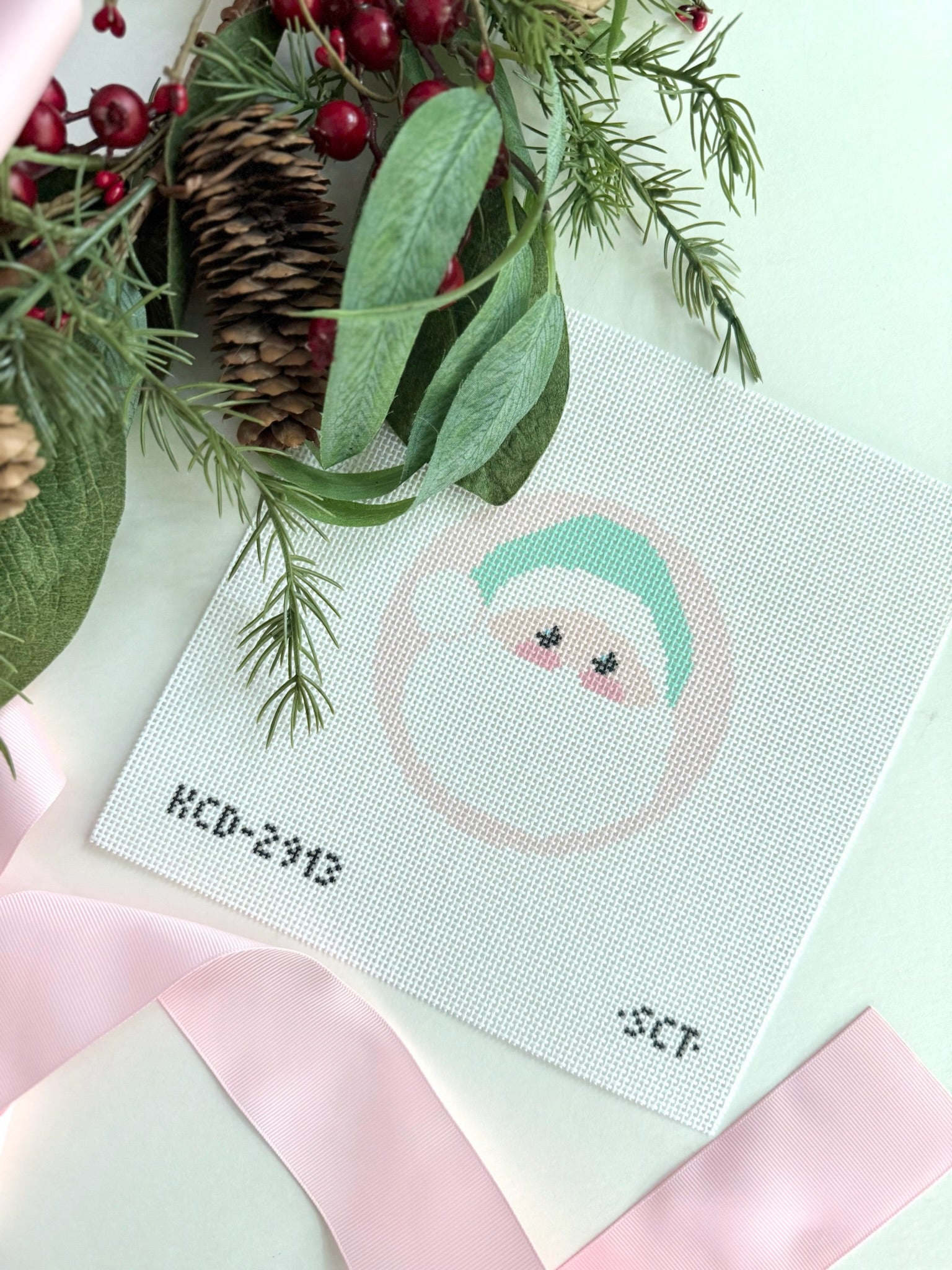 Pink Santa Round Canvas - KC Needlepoint