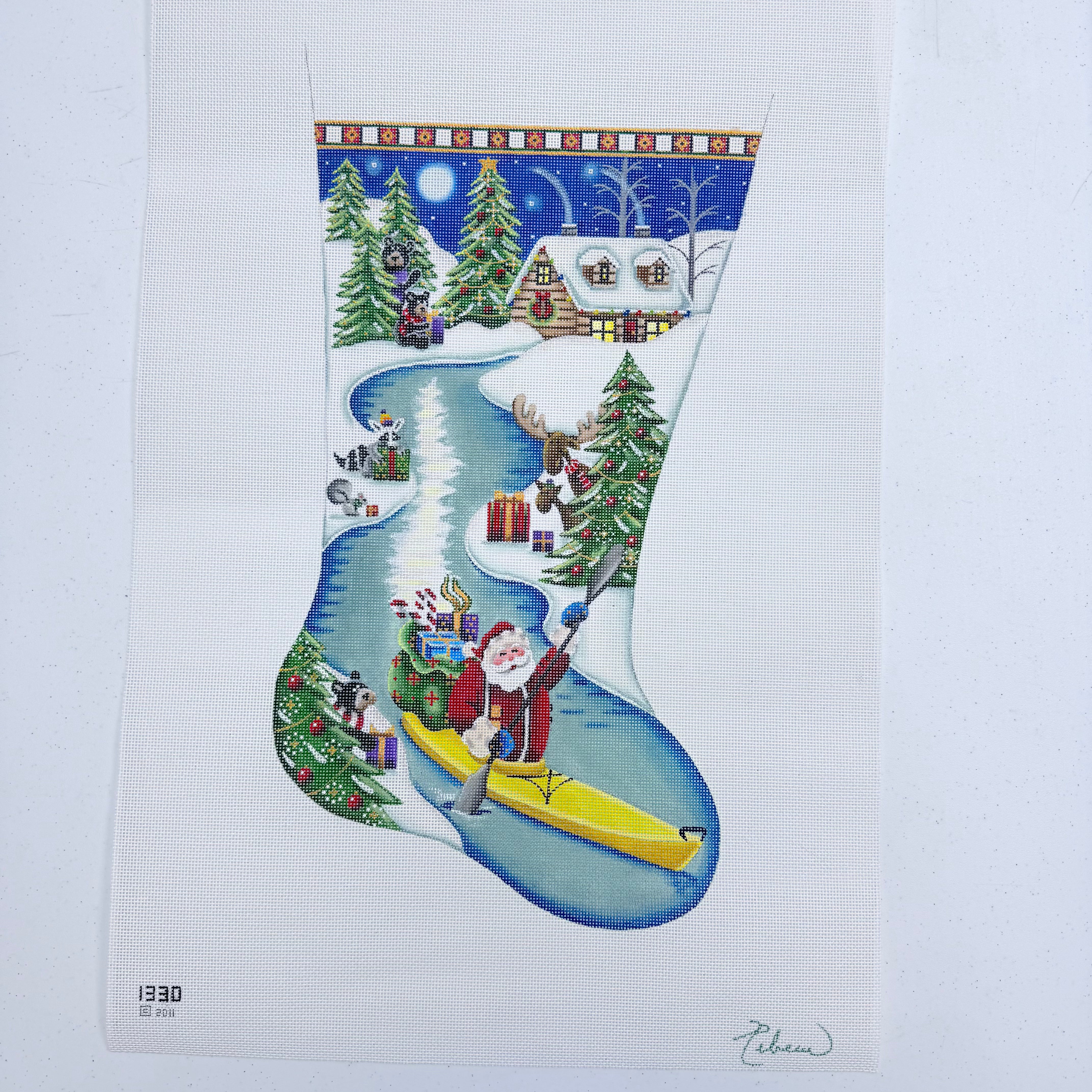 Kayaking Santa Stocking Canvas - KC Needlepoint