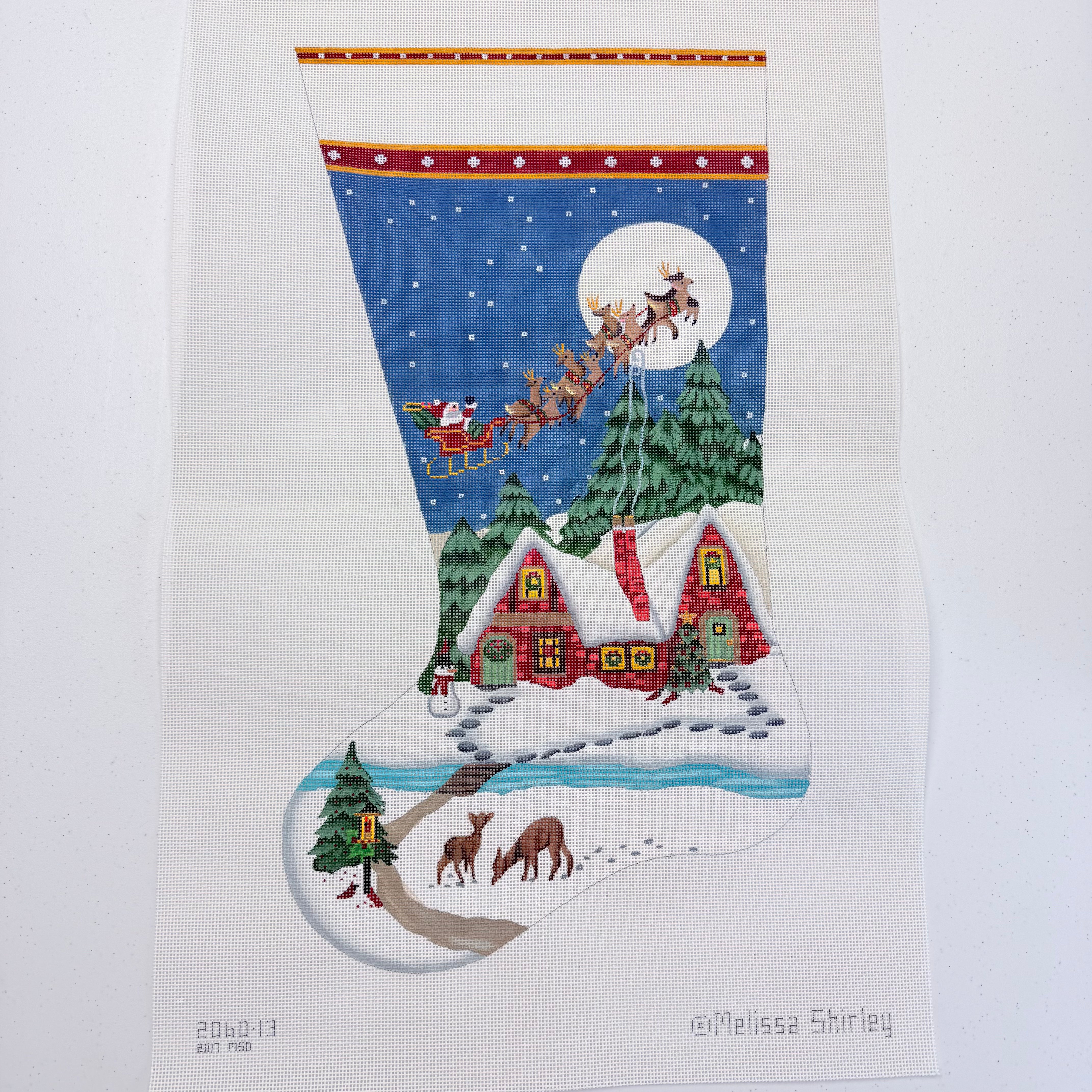 Snowy Red House Stocking Canvas Toe Left - KC Needlepoint