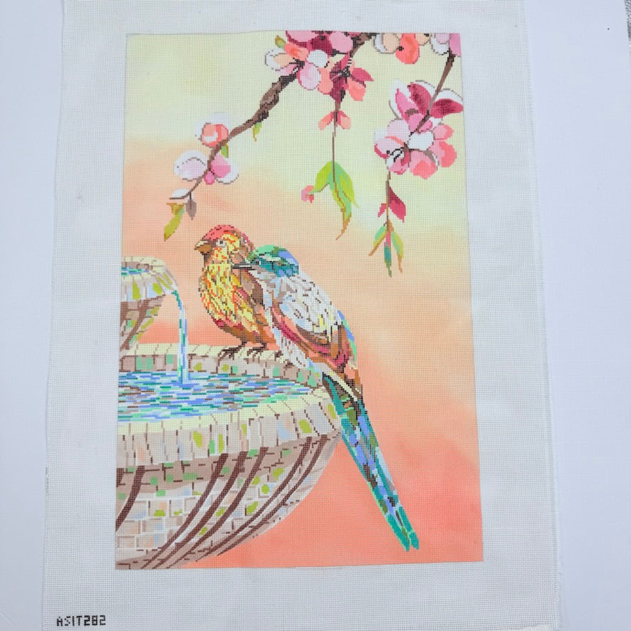 Birds in Fountain Needlepoint Canvas - KC Needlepoint
