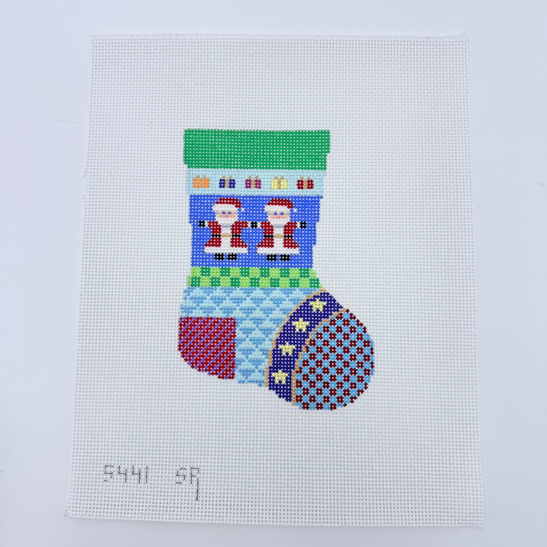 Patchwork Santas Mini Stocking Canvas - KC Needlepoint