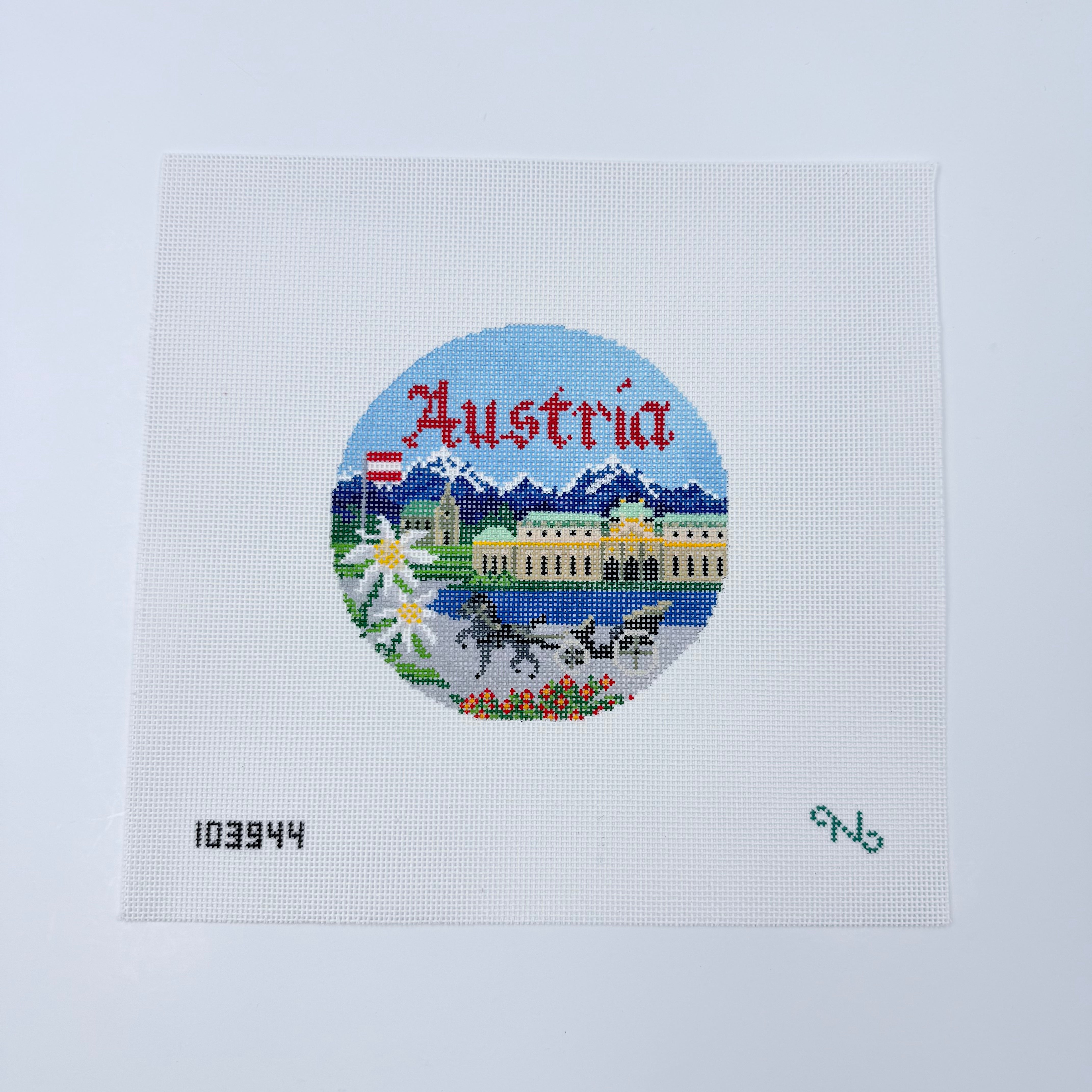 Austria Travel Round Canvas - KC Needlepoint