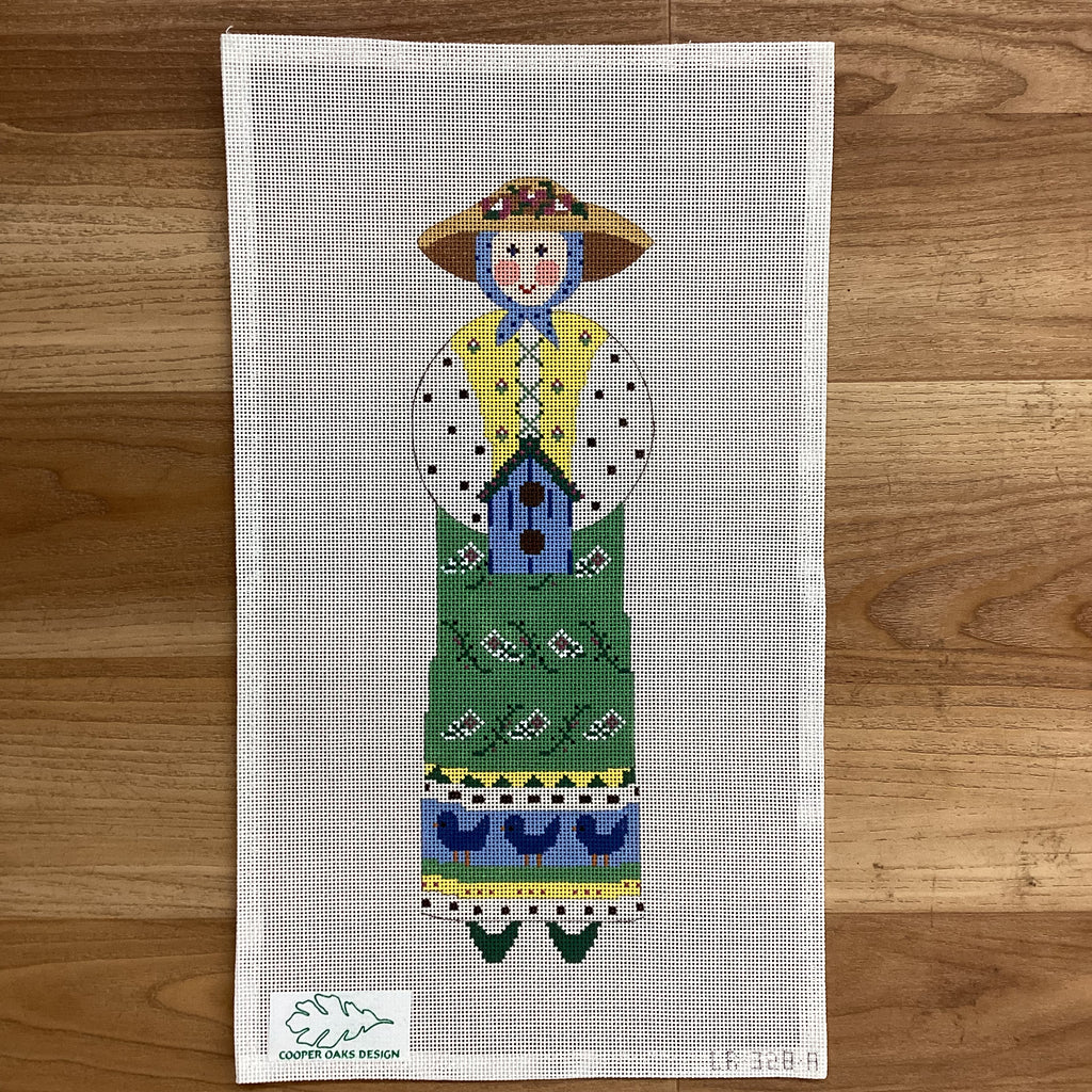 Light Green Lady with Birdhouse Canvas - KC Needlepoint