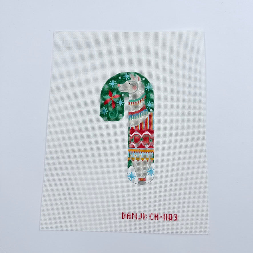 Green Llama Candy Cane Canvas - KC Needlepoint