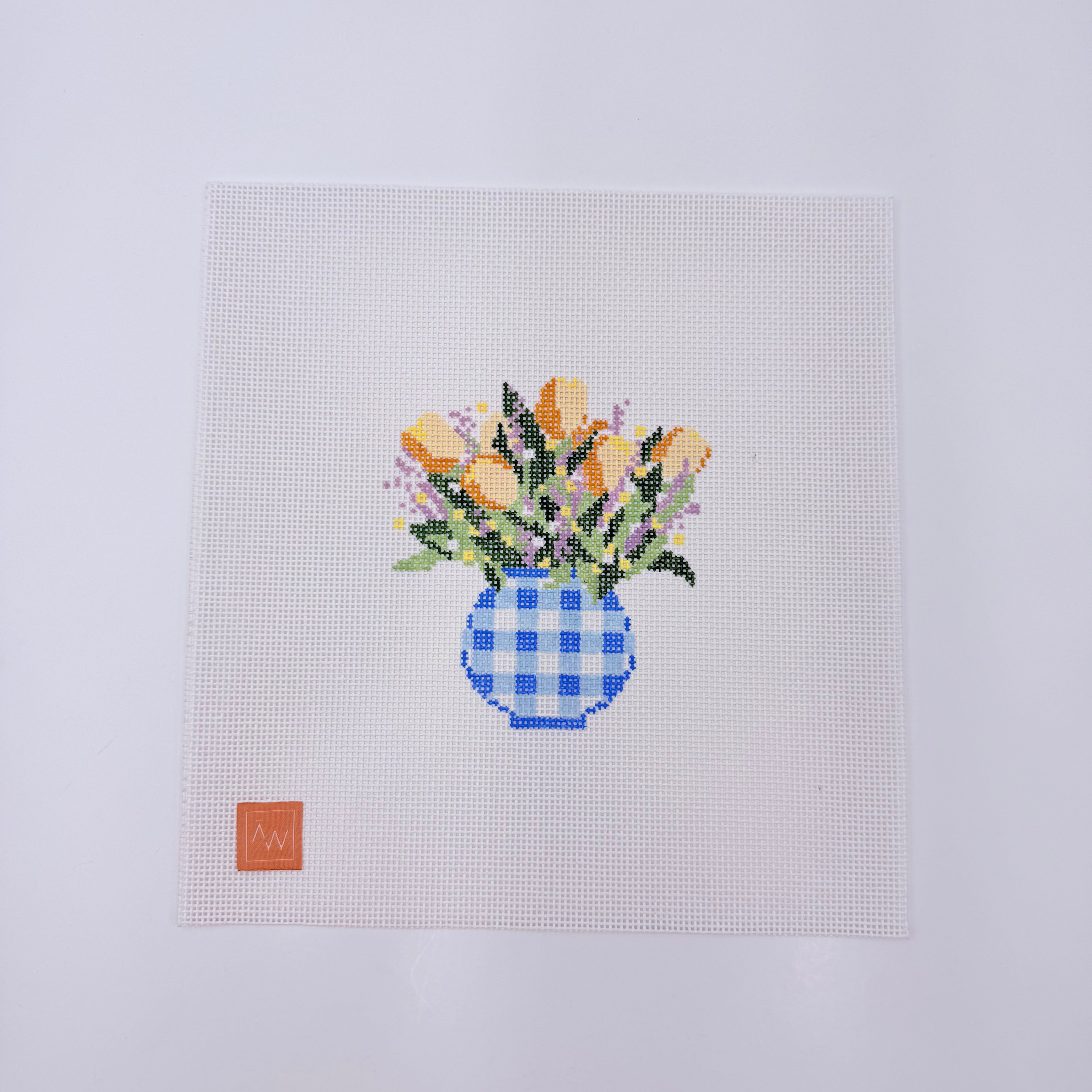 Flowers in Blue Gingham Vase Canvas - KC Needlepoint