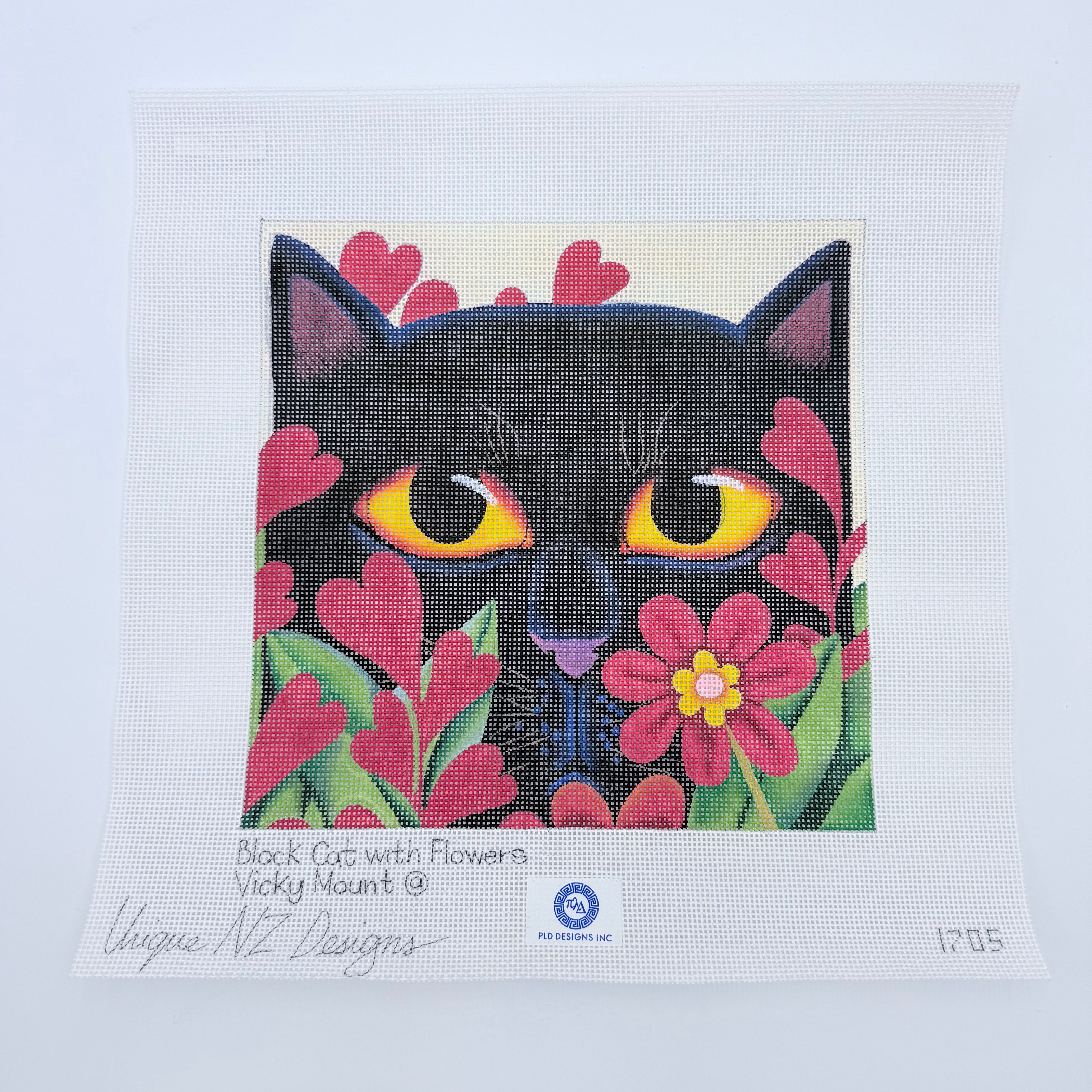 Black Cat with Flowers Canvas - KC Needlepoint