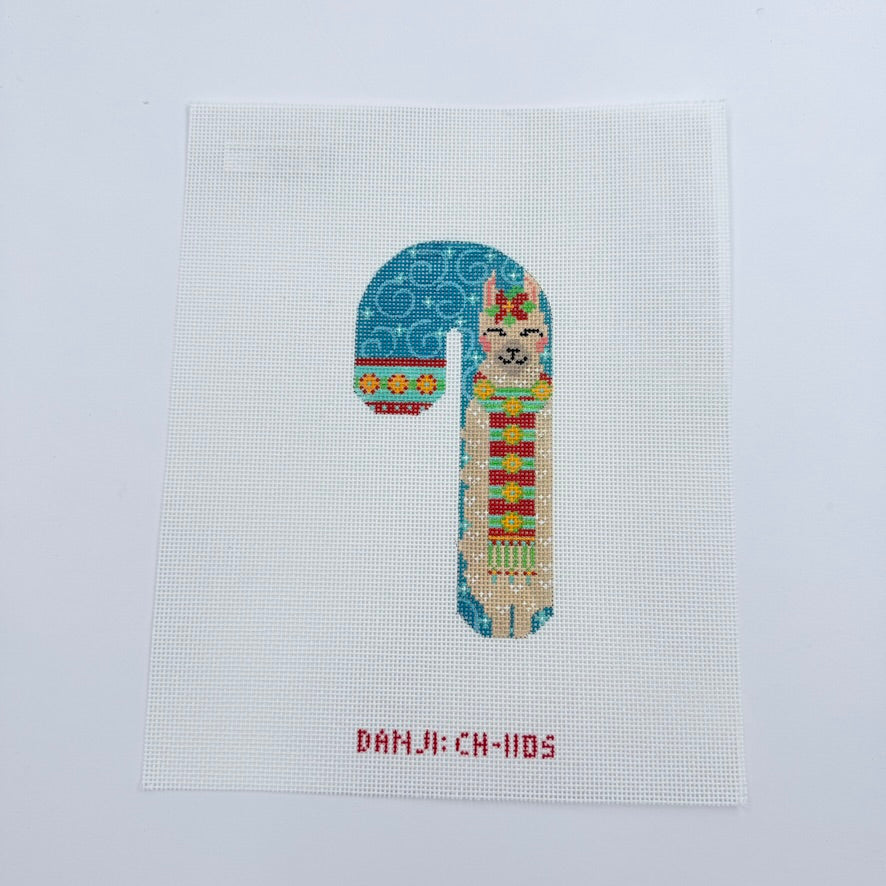 Light Blue Llama Candy Cane Canvas - KC Needlepoint
