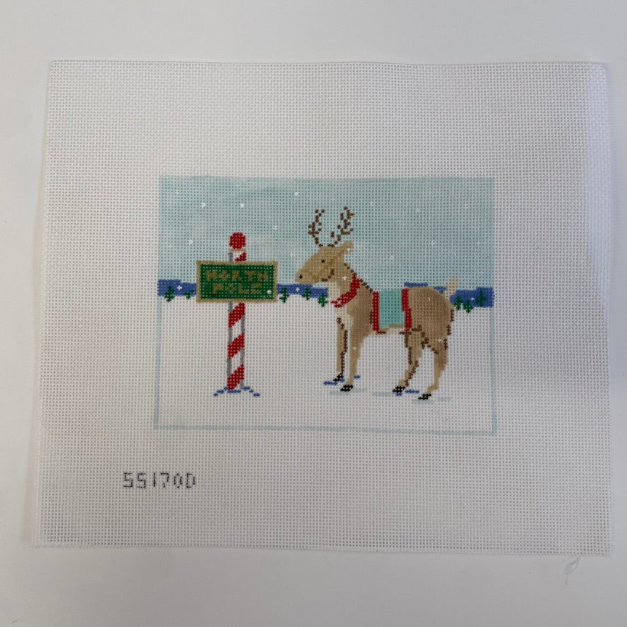 Reindeer and North Pole Sign Canvas - KC Needlepoint