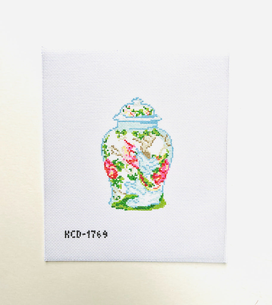 Lidded Jar with Bird Canvas - KC Needlepoint
