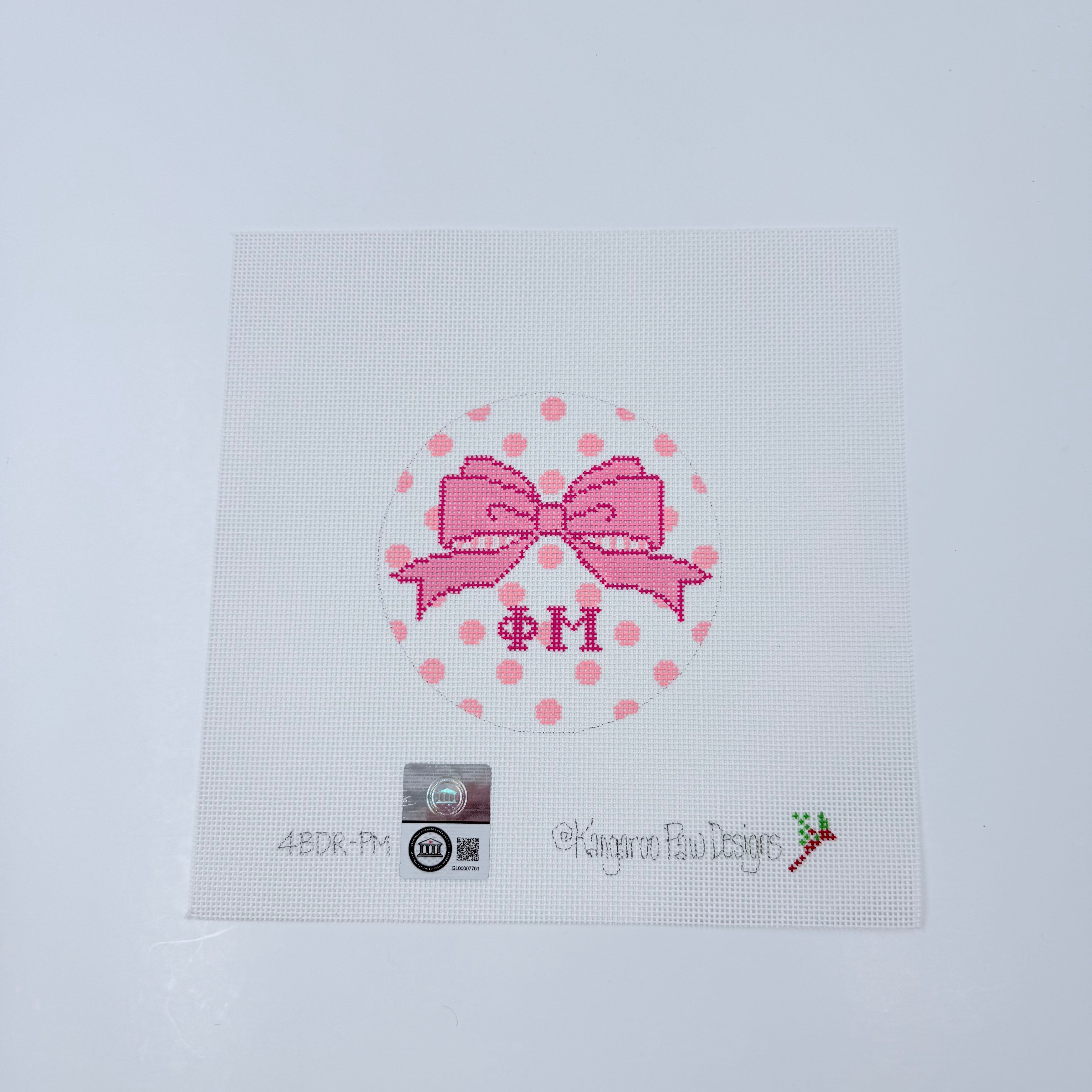Phi Mu Bow Round Canvas - KC Needlepoint