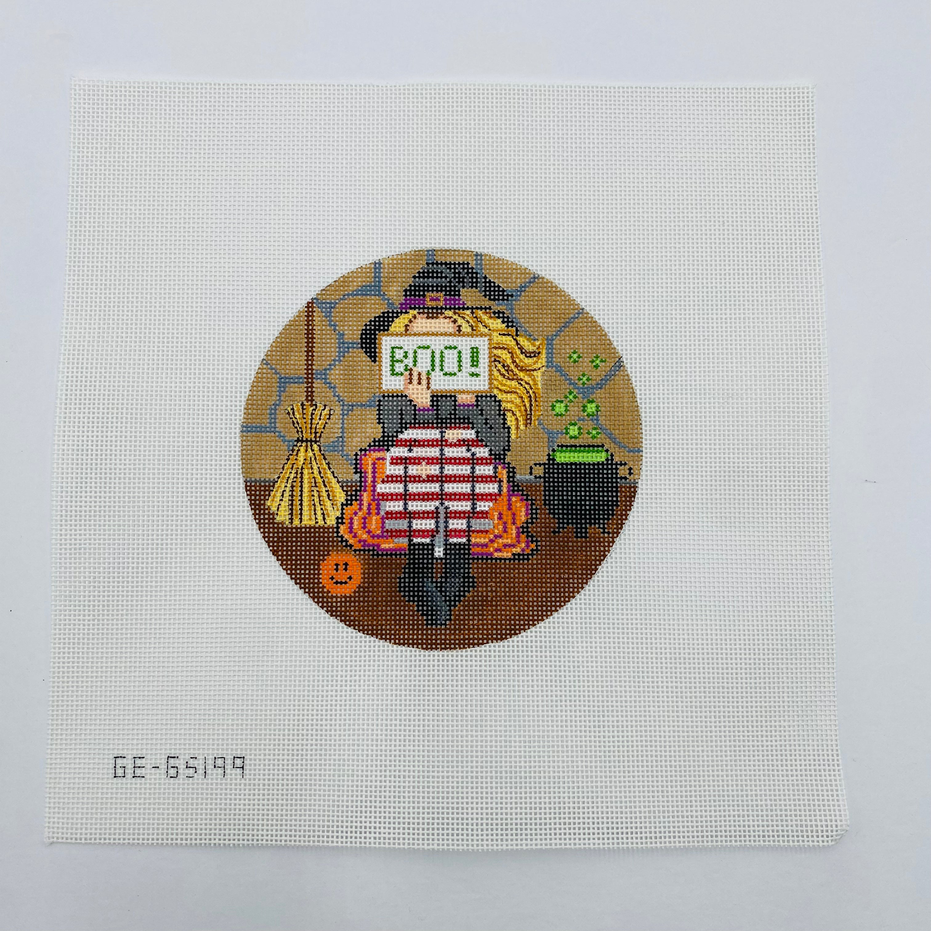 Witch Stitching Girl Round Canvas - KC Needlepoint