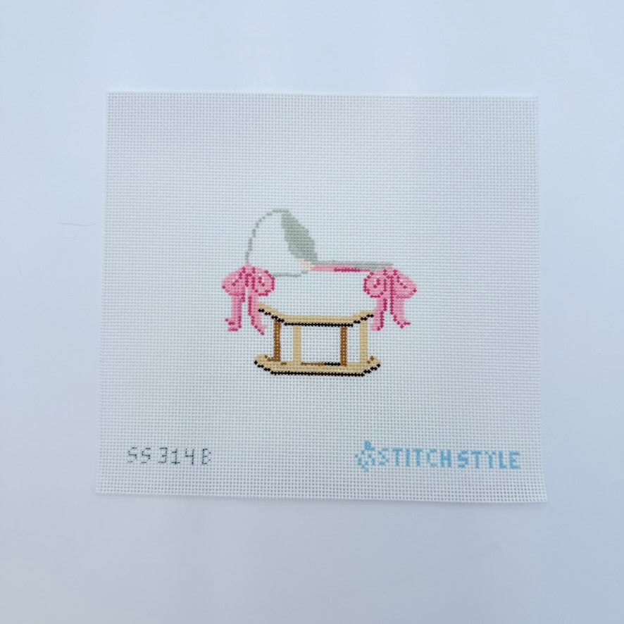 Pink Baby Bassinet with Bows Canvas - KC Needlepoint