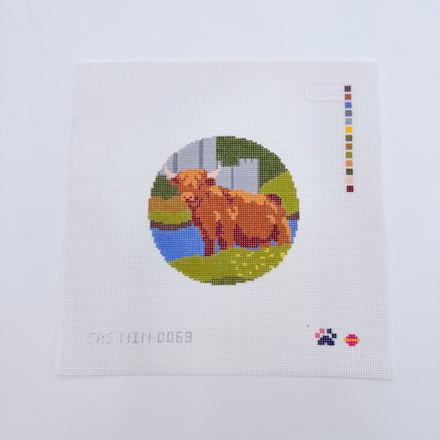 Highland Cow Round Canvas - KC Needlepoint