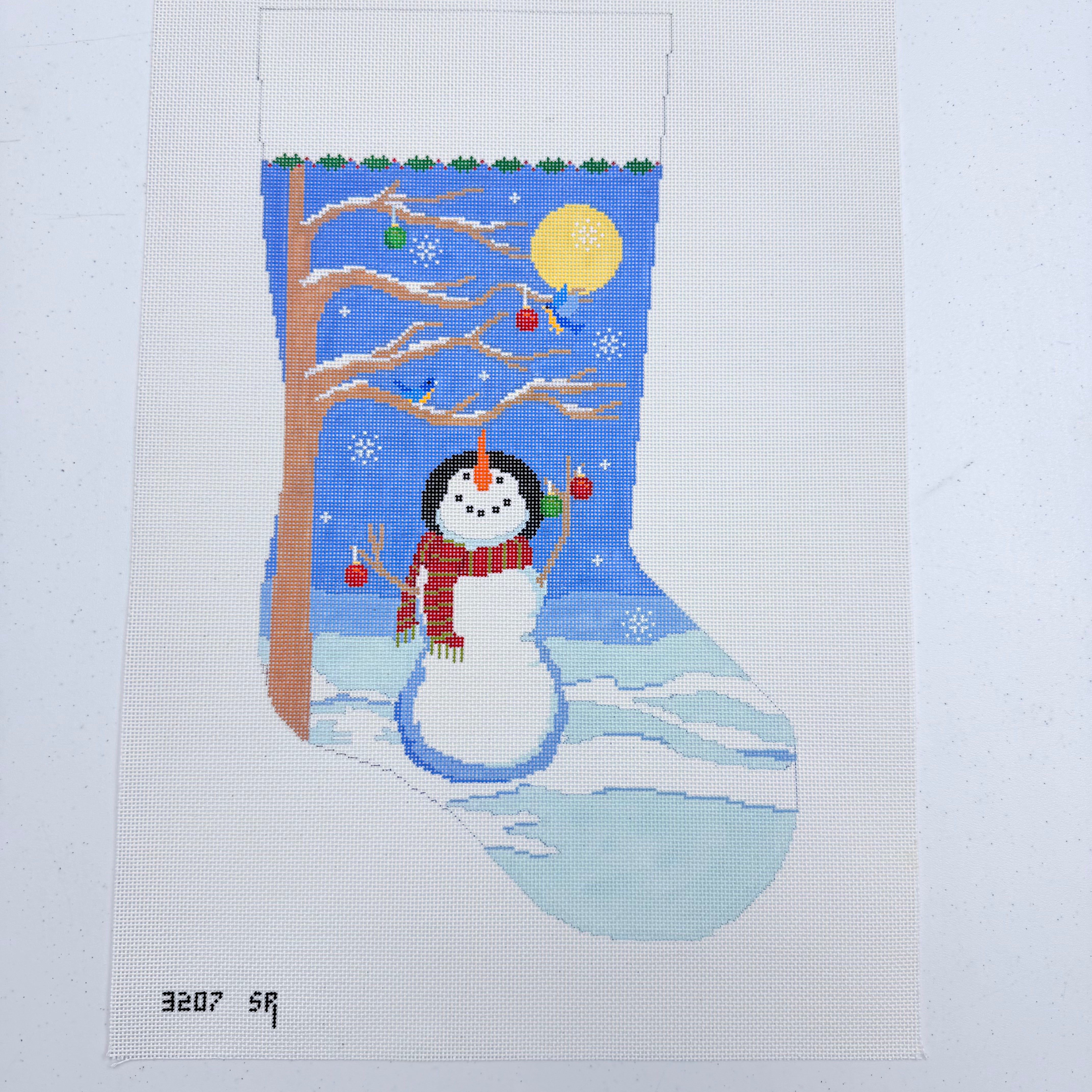 Moonlit Snowman Bird Tree Stocking Canvas - KC Needlepoint