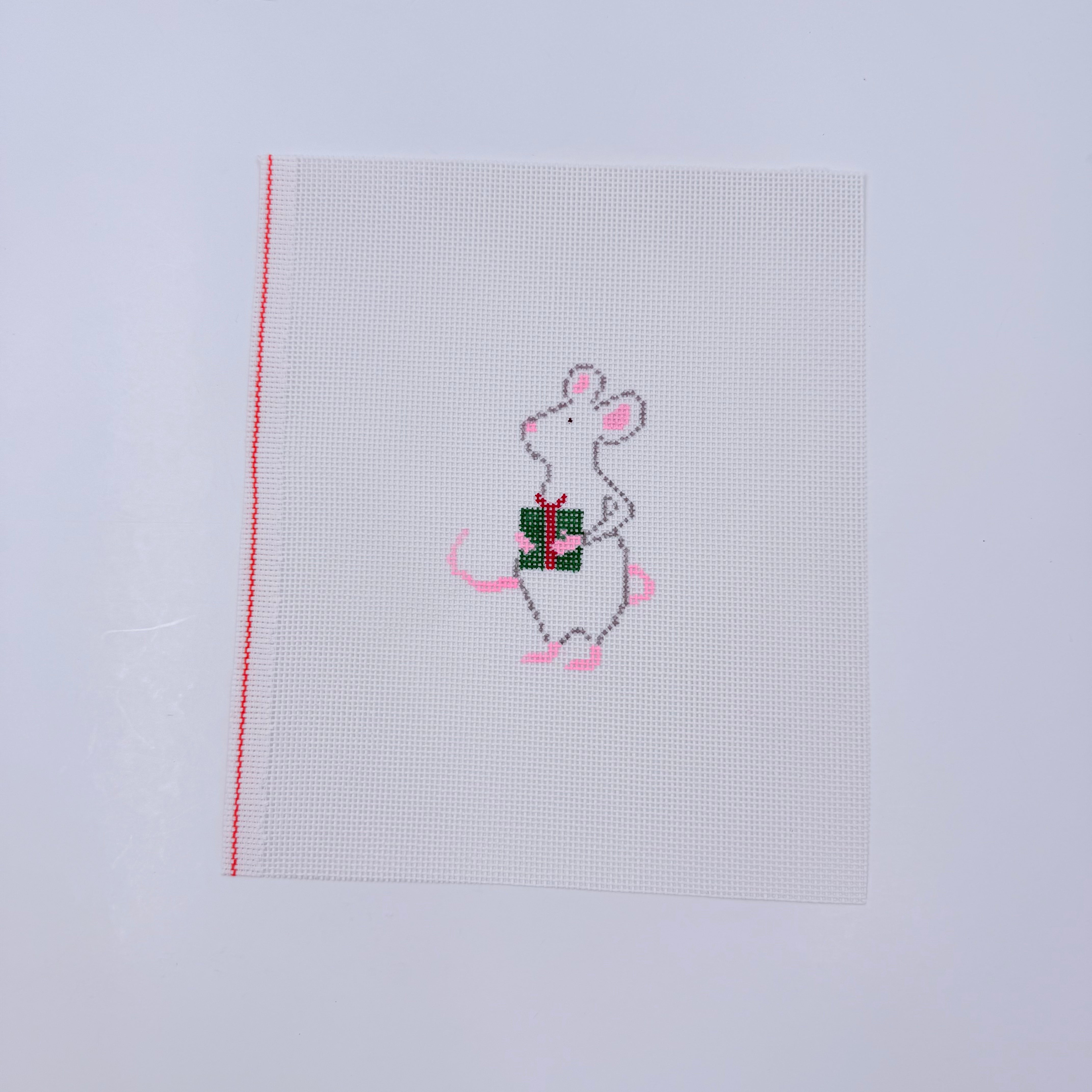 Mouse with Green Present Canvas - KC Needlepoint