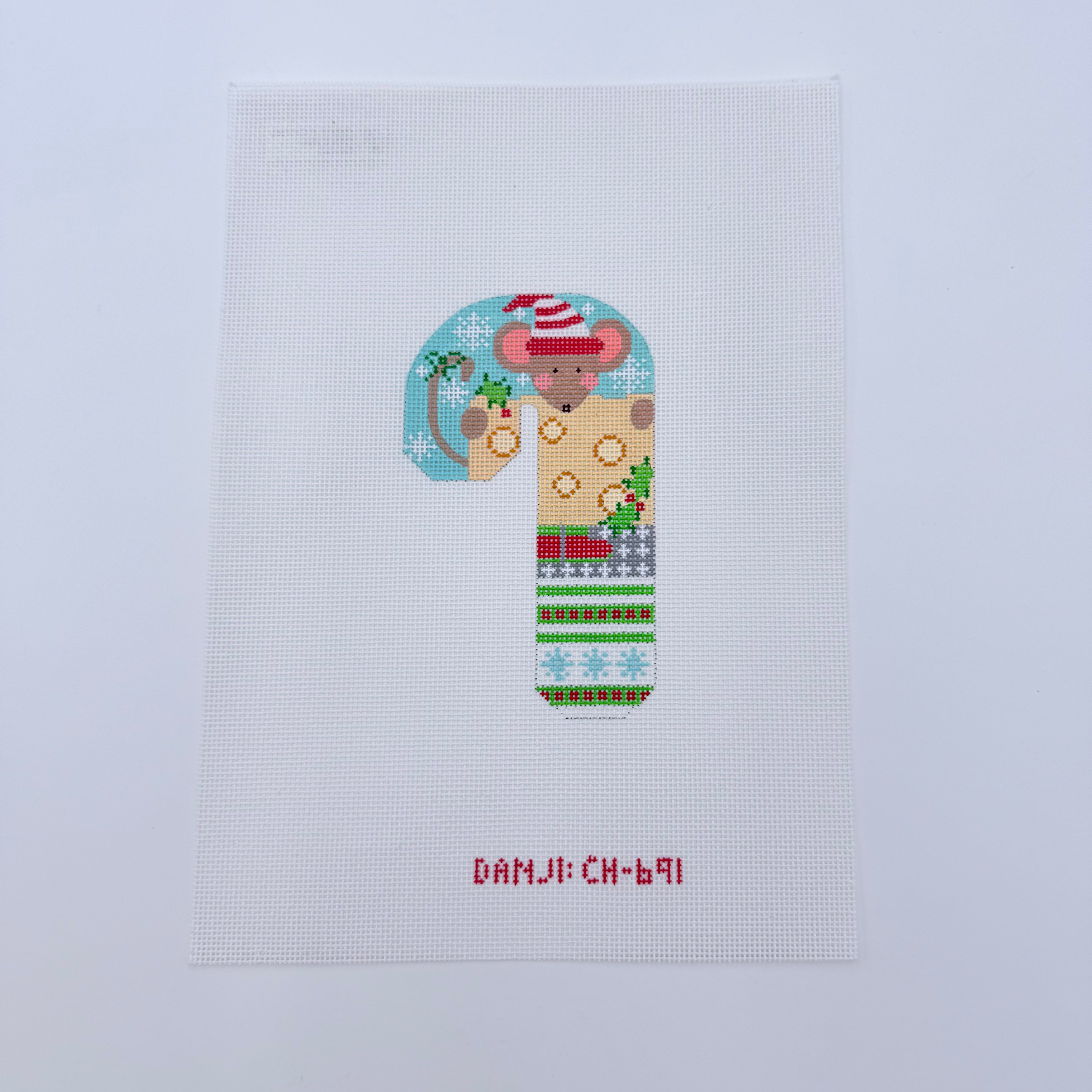 Mouse with Cheese Candy Cane Canvas - KC Needlepoint