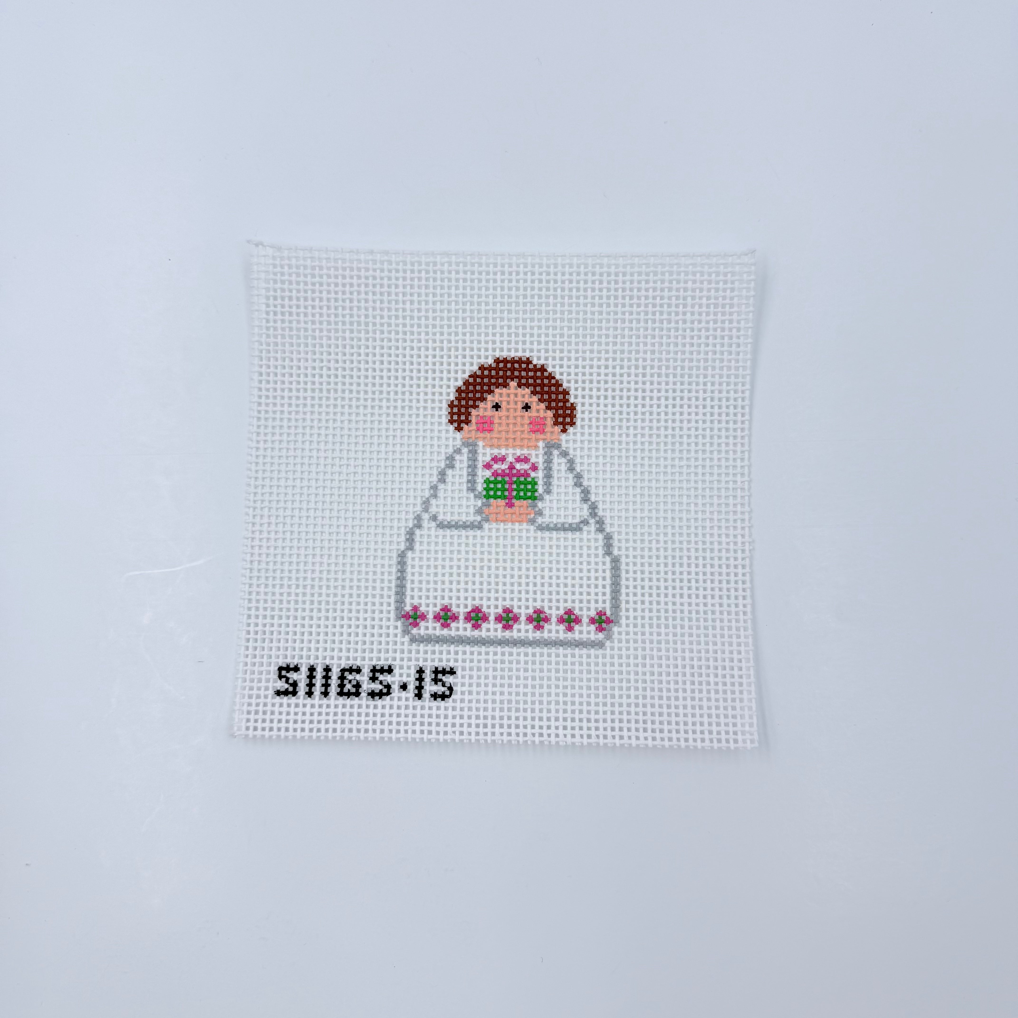 White Angel with Pink and Green Present - KC Needlepoint