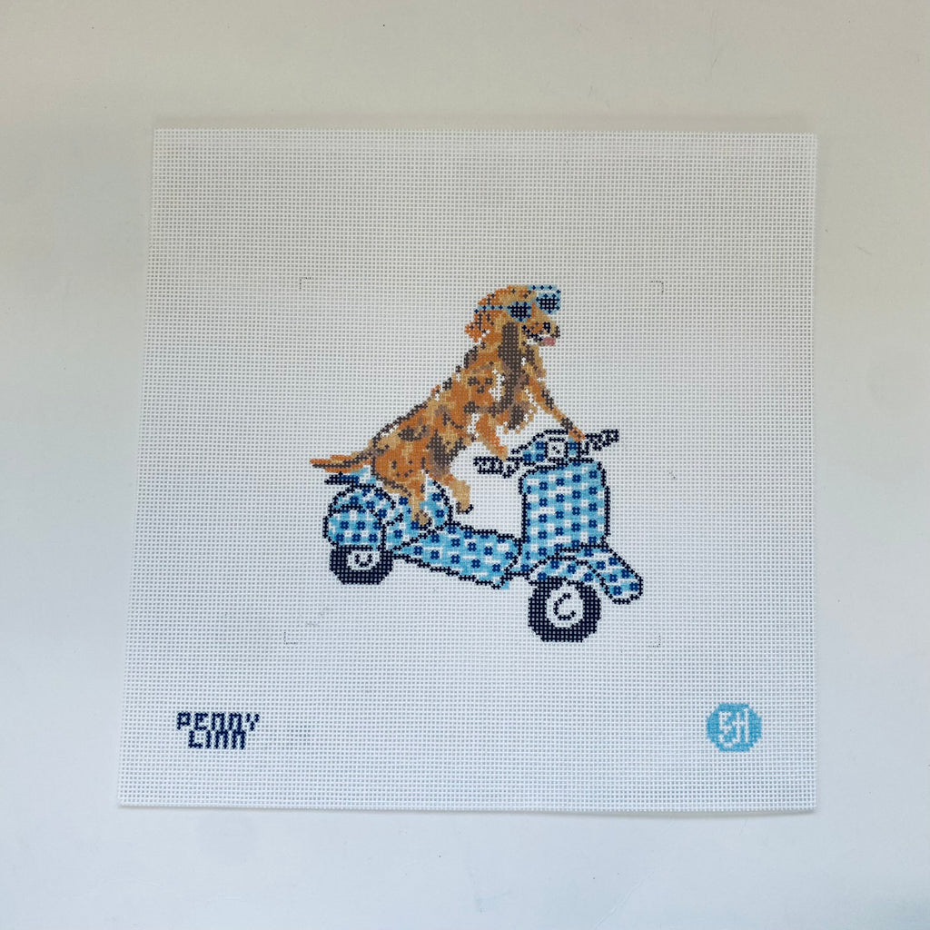 Golden on a Moped Canvas - KC Needlepoint