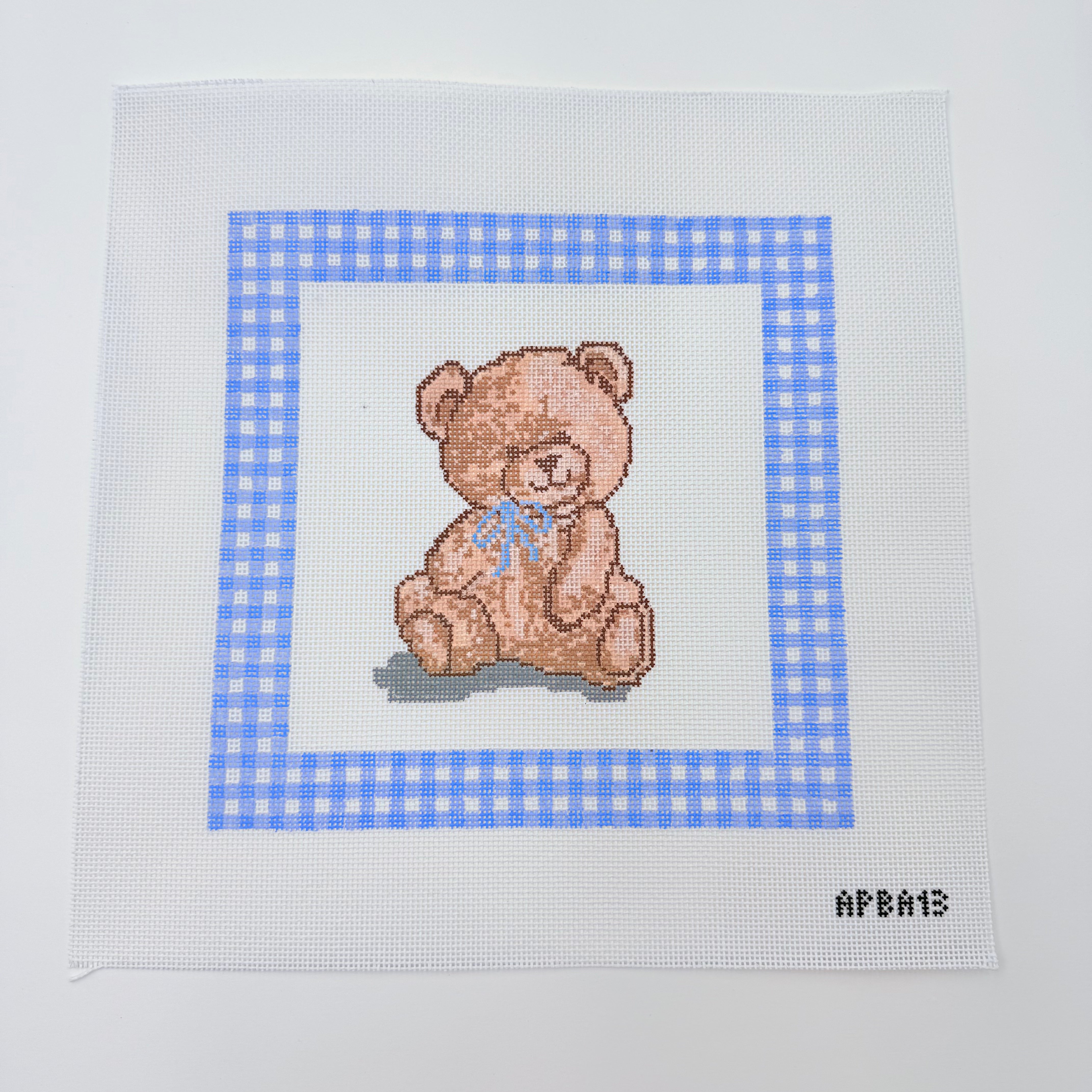 Bear Lovey with Blue Gingham Border Canvas - KC Needlepoint