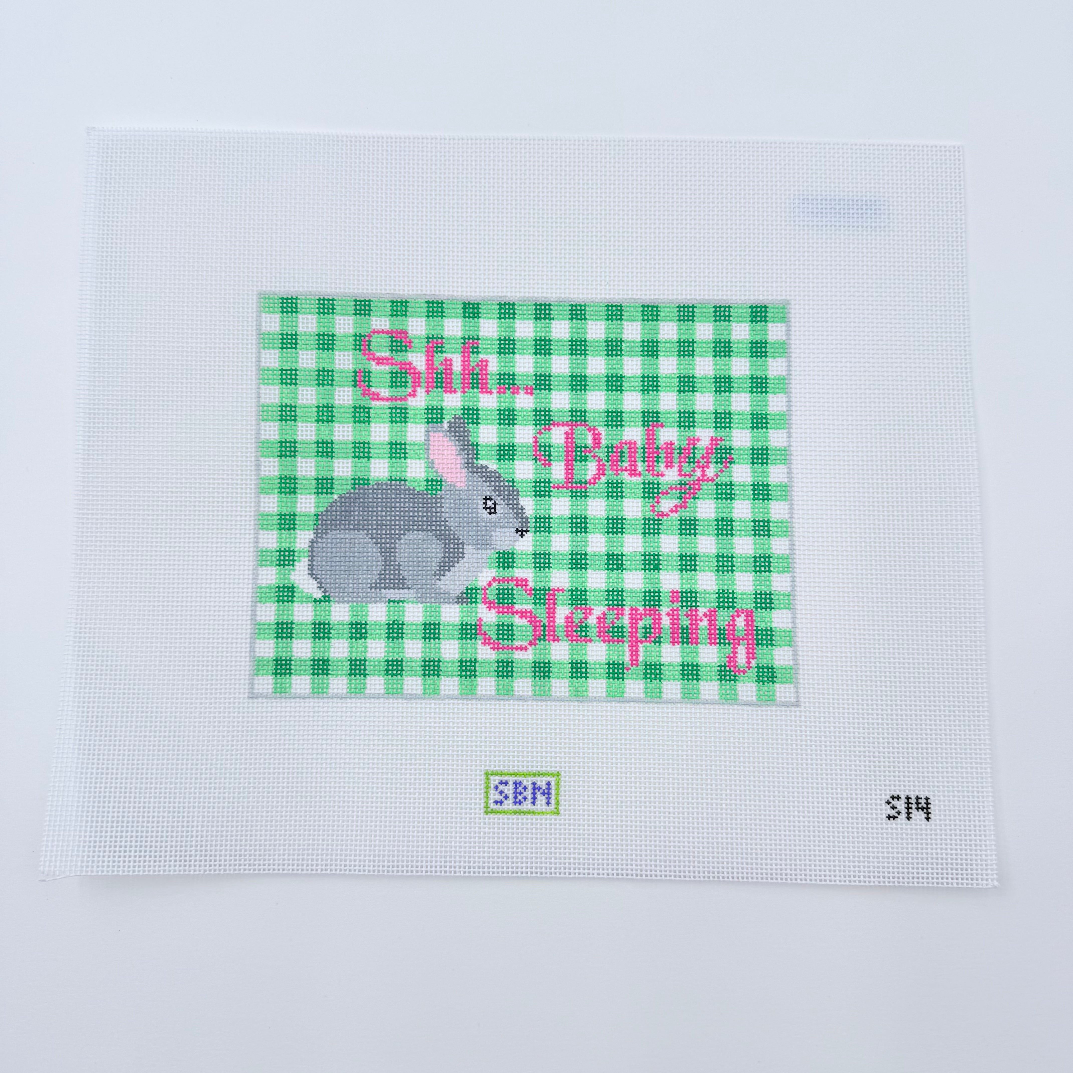 Bunny on Gingham Baby Sleeping Canvas - KC Needlepoint