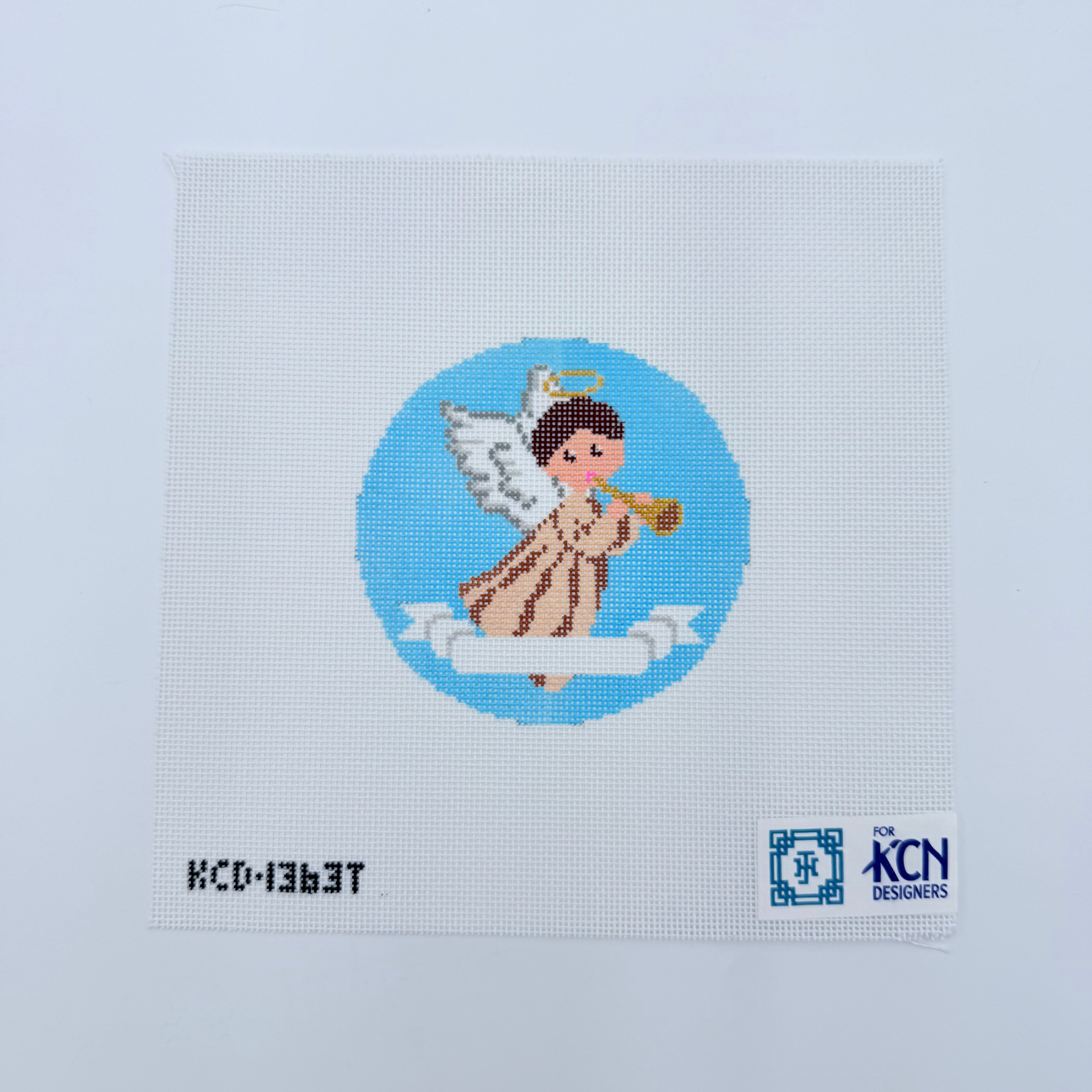 Tan Angel on Blue Round Canvas - KC Needlepoint