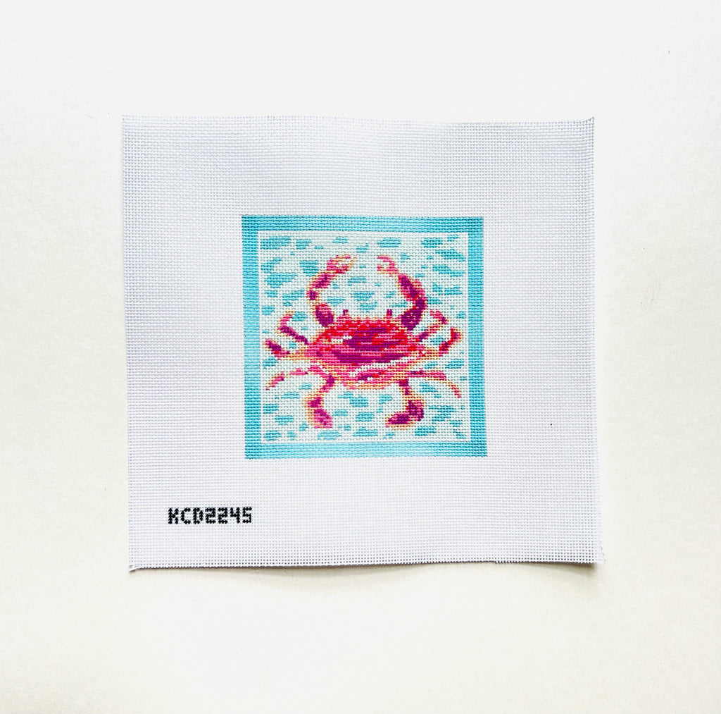Pink Crab on Blue Square Canvas - KC Needlepoint