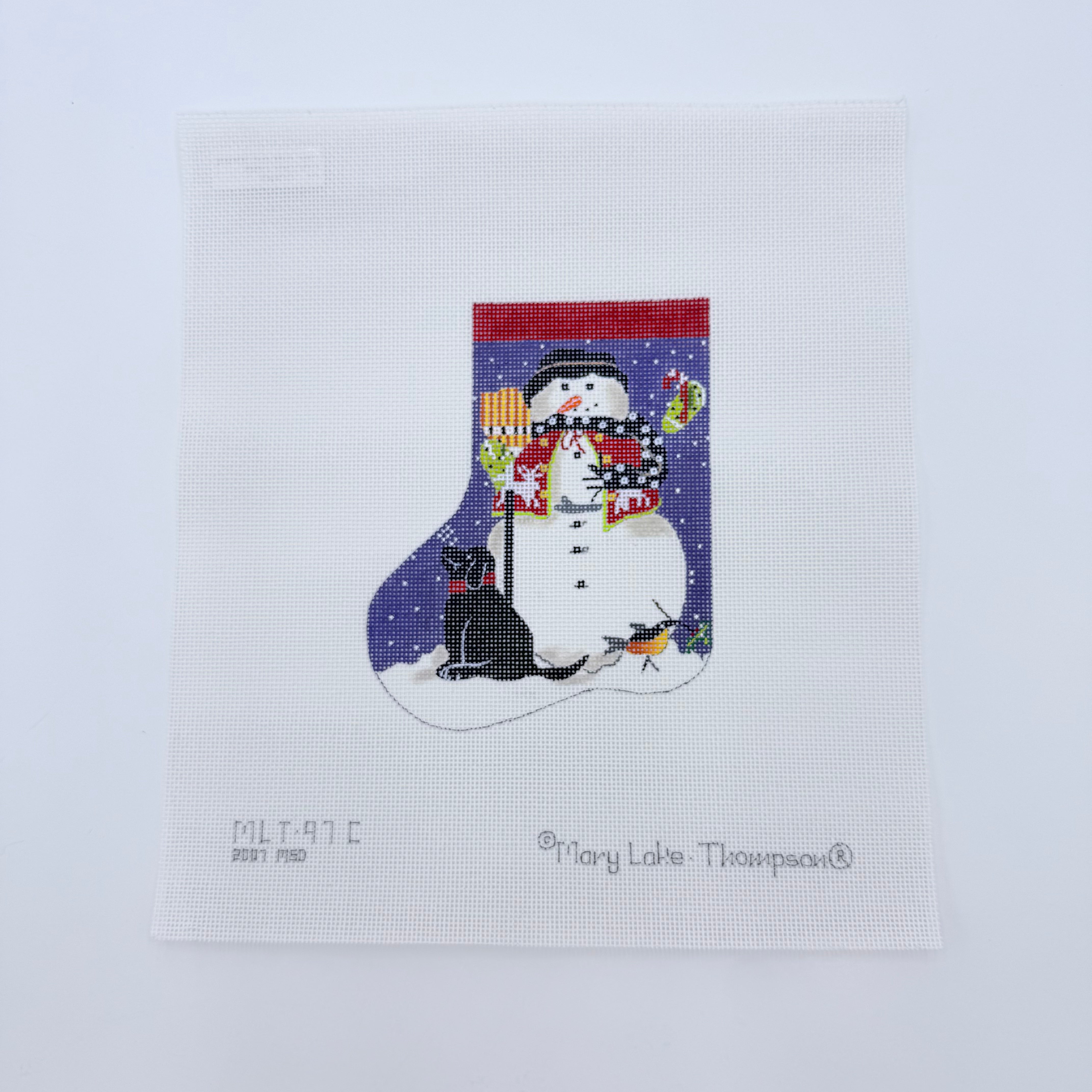 Black Dog Snowman Mini Sock Needlepoint Canvas - KC Needlepoint