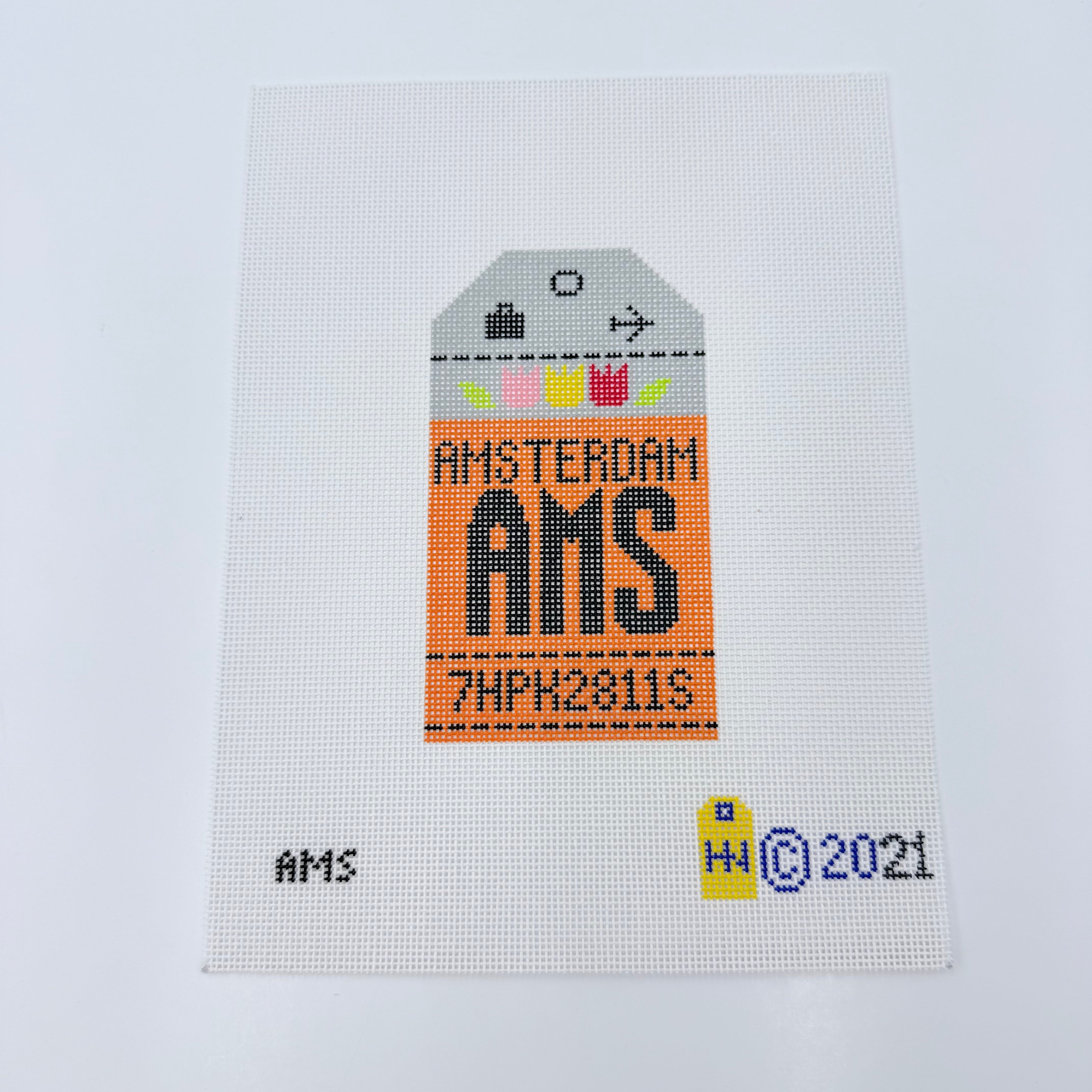 Amsterdam Vintage Travel Tag Canvas - KC Needlepoint