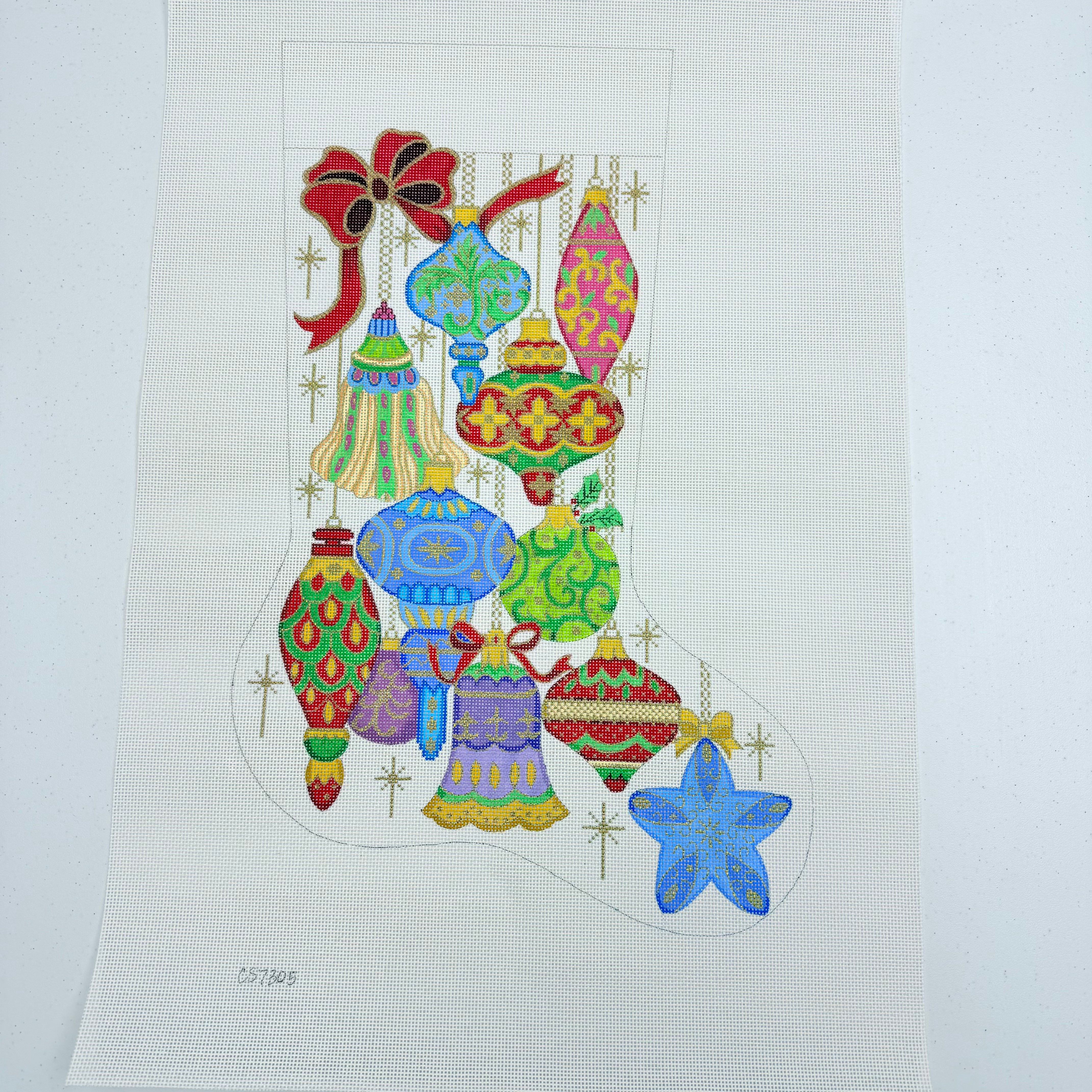 Vintage Ornaments with Red Bow Stocking 7305 - KC Needlepoint