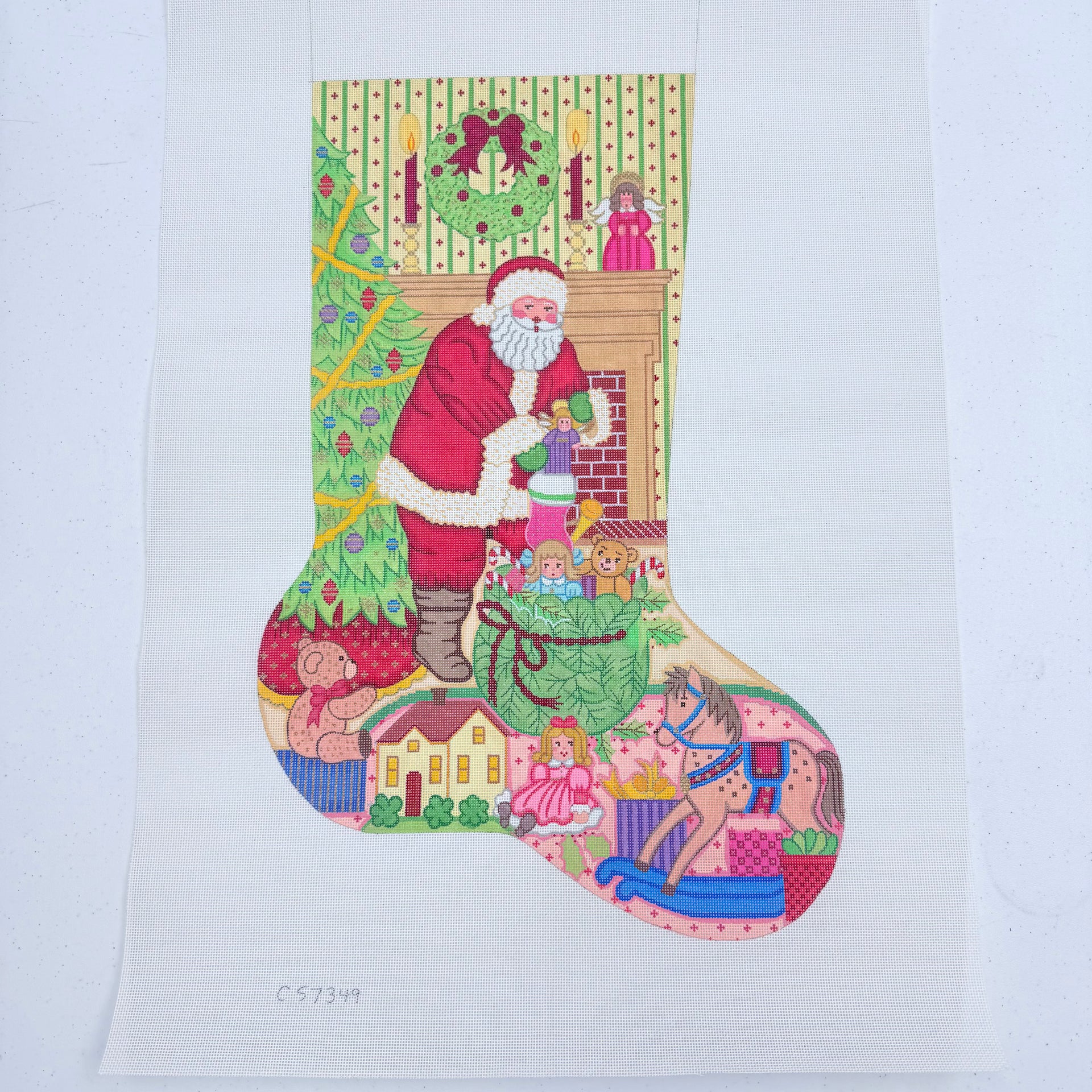 Santa Pulling Toys from Bag Girl Stocking 7349 – KC Needlepoint