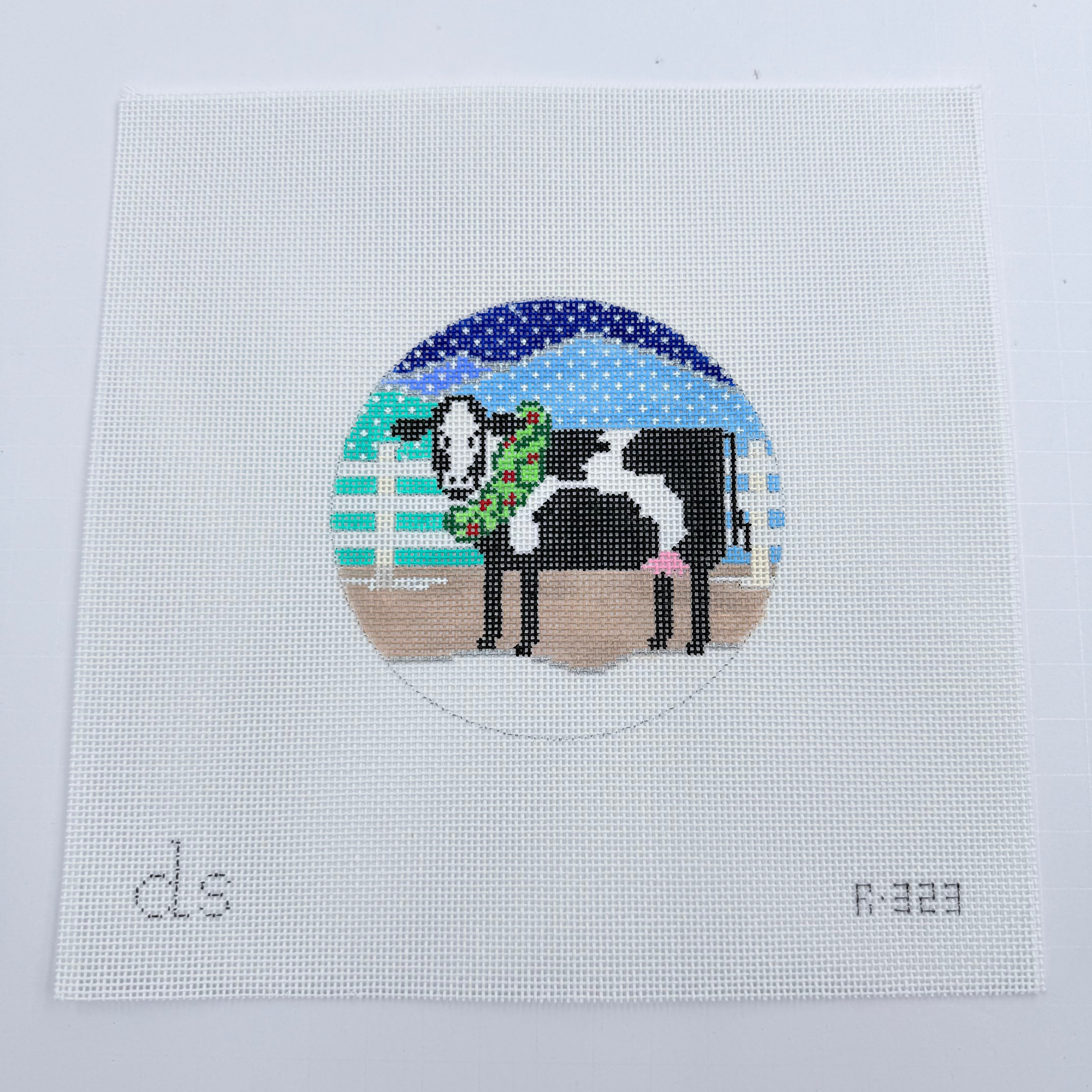 Cow with Wreath Round Needlepoint Canvas - KC Needlepoint