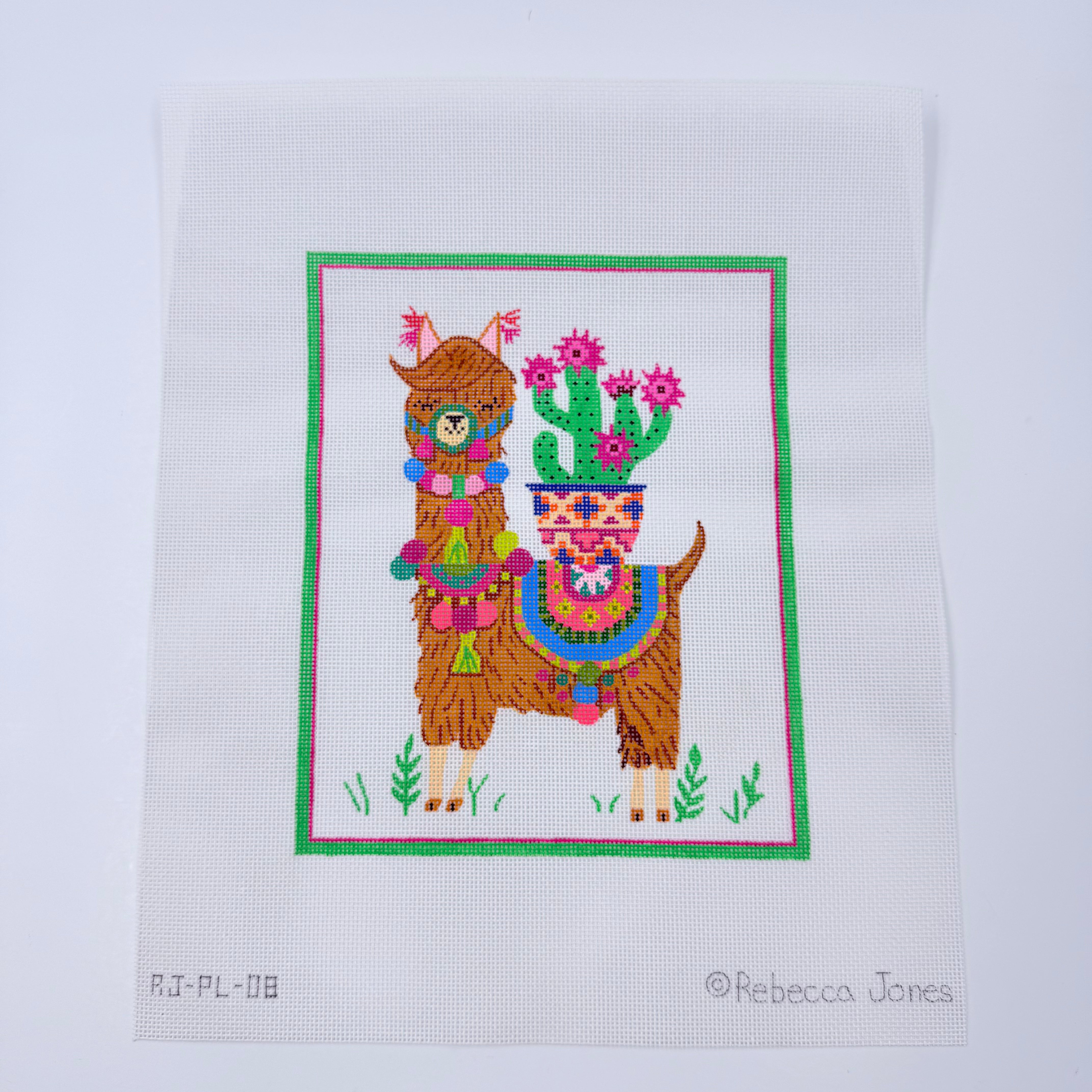 Llama with Cactus, Pompoms and Tassels Canvas - KC Needlepoint