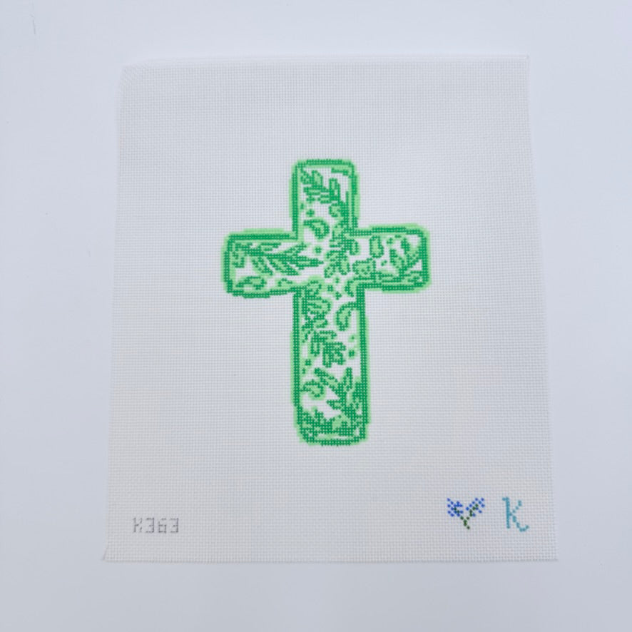Green Chinoiserie Cross Canvas - KC Needlepoint