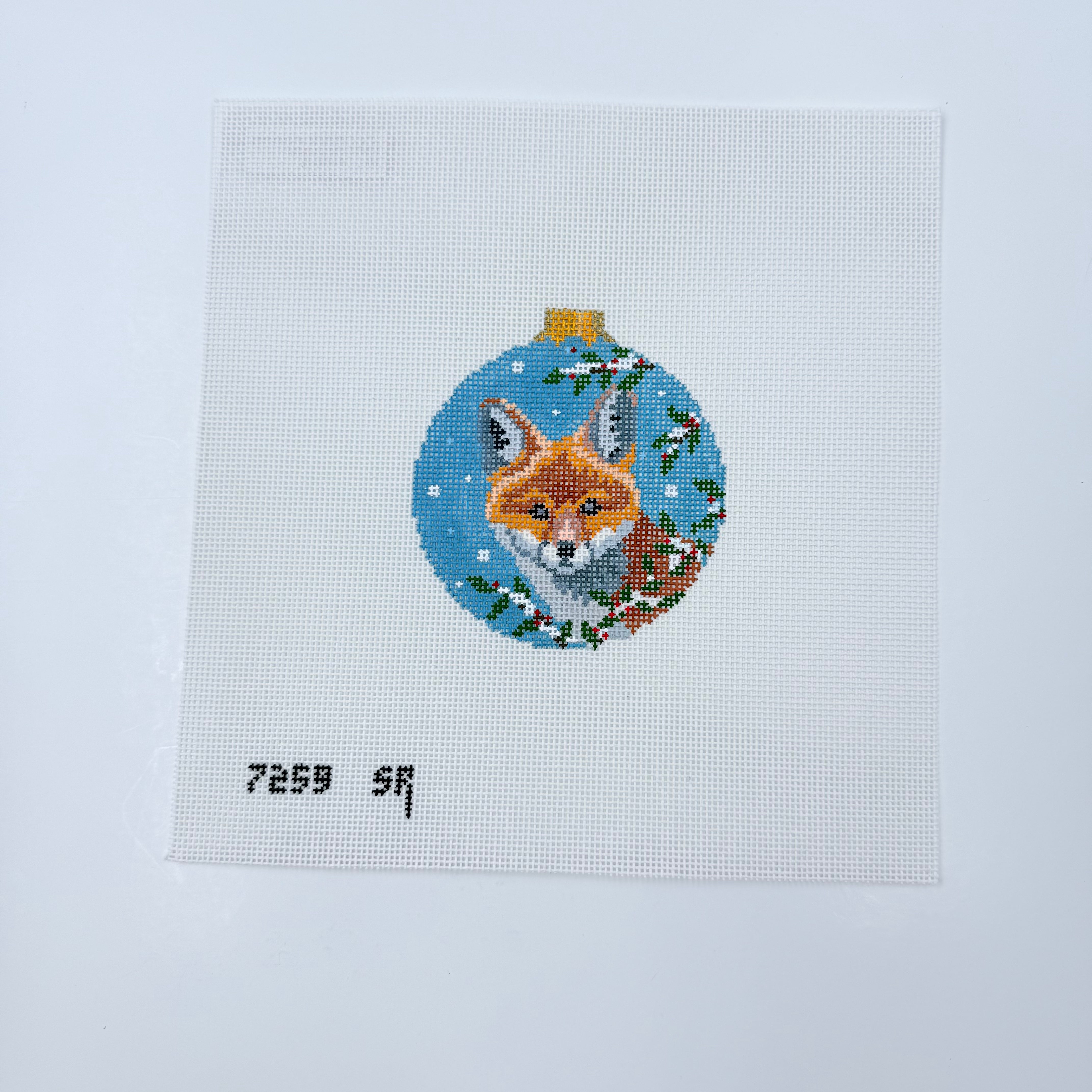 Baby Fox in Holly Round Canvas - KC Needlepoint