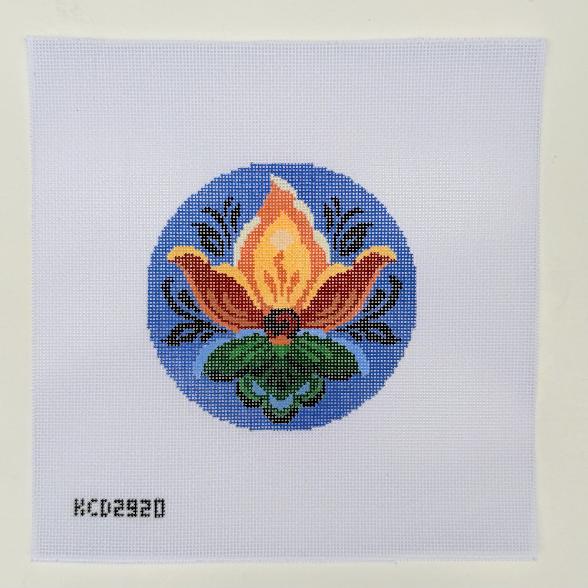 Rosemaling Flower on Blue Needlepoint Canvas - KC Needlepoint