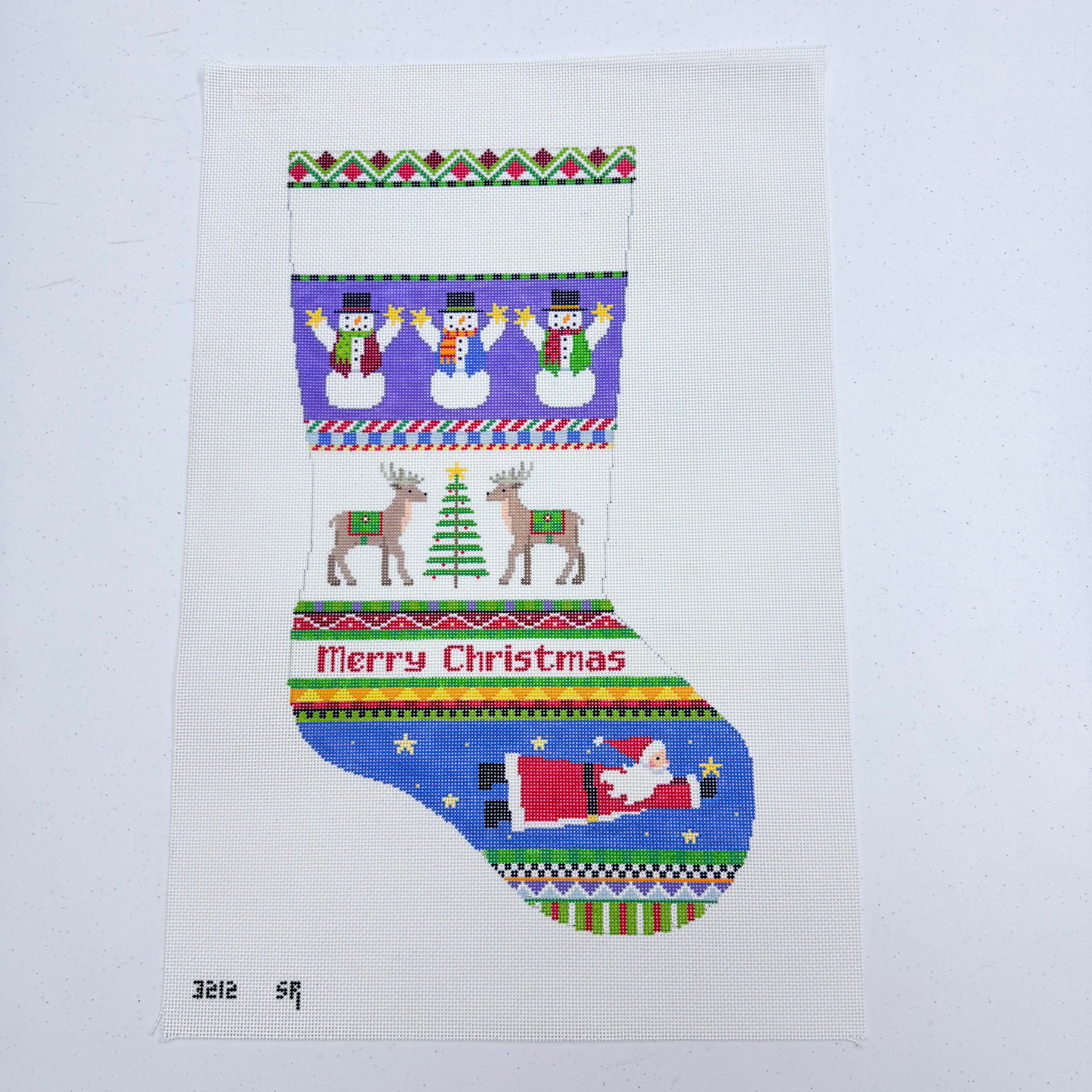 Bold Stripe Reindeer and Flying Santa Stocking Canvas - KC Needlepoint